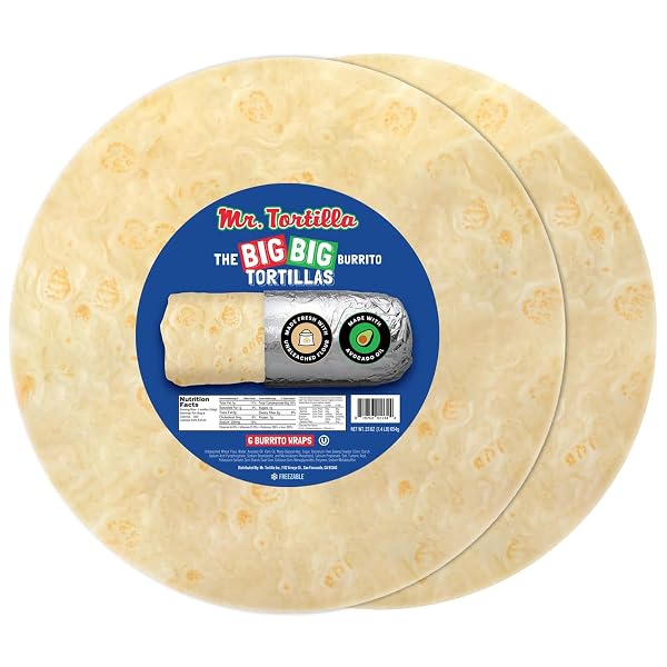 Mr. Tortilla Big Big Burrito Wraps - 12-13 - Small-Batch Artisan Tortillas, Restaurant Size, Made with Avocado Oil - Veg
