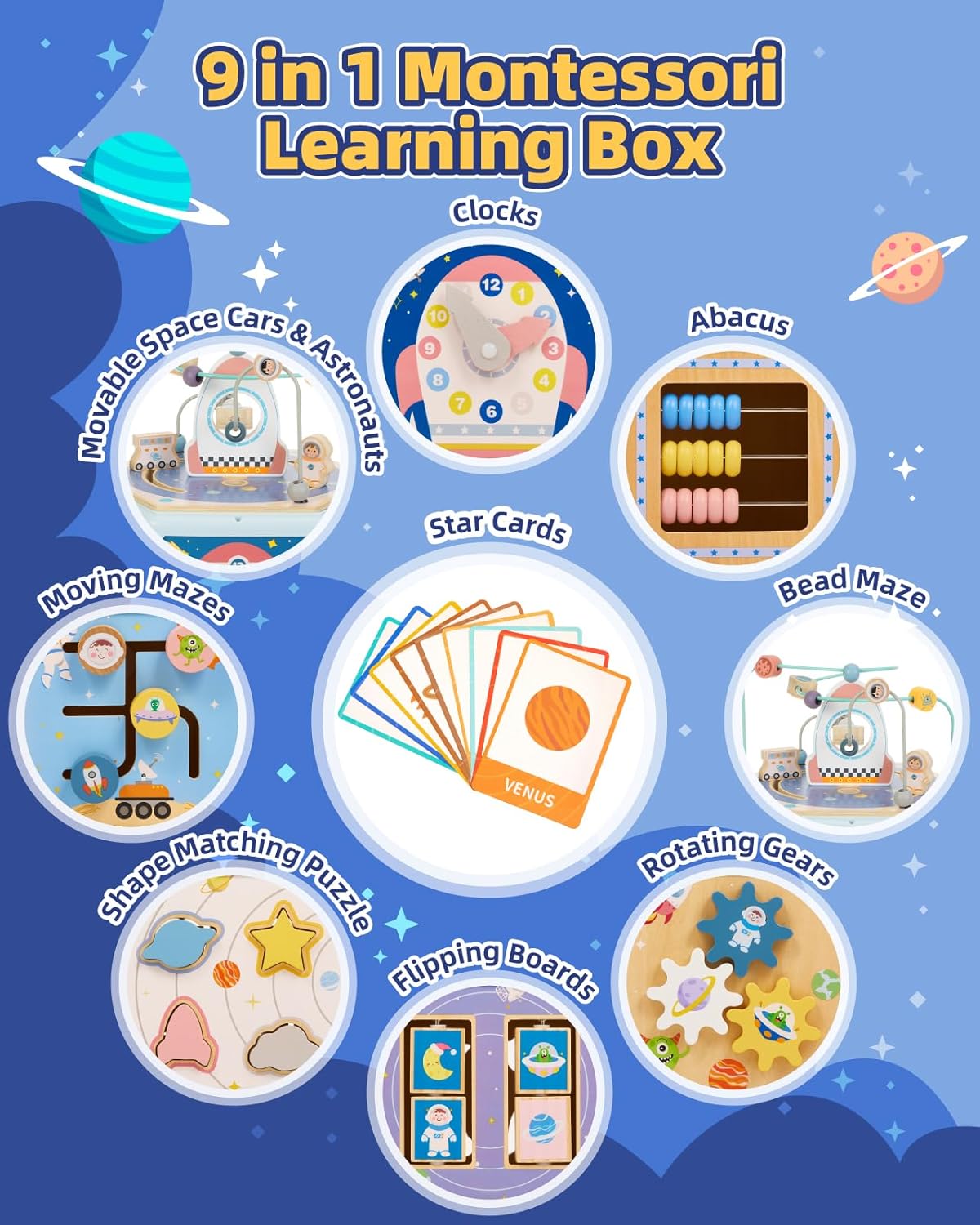 Large Wooden Space Activity Cube Toys, 9-in-1 Early Educational Montessori Learning Toys for 2 3 4 Toddlers with Abacus Bead Maze for 24+ Months Boys Girls First Birthday