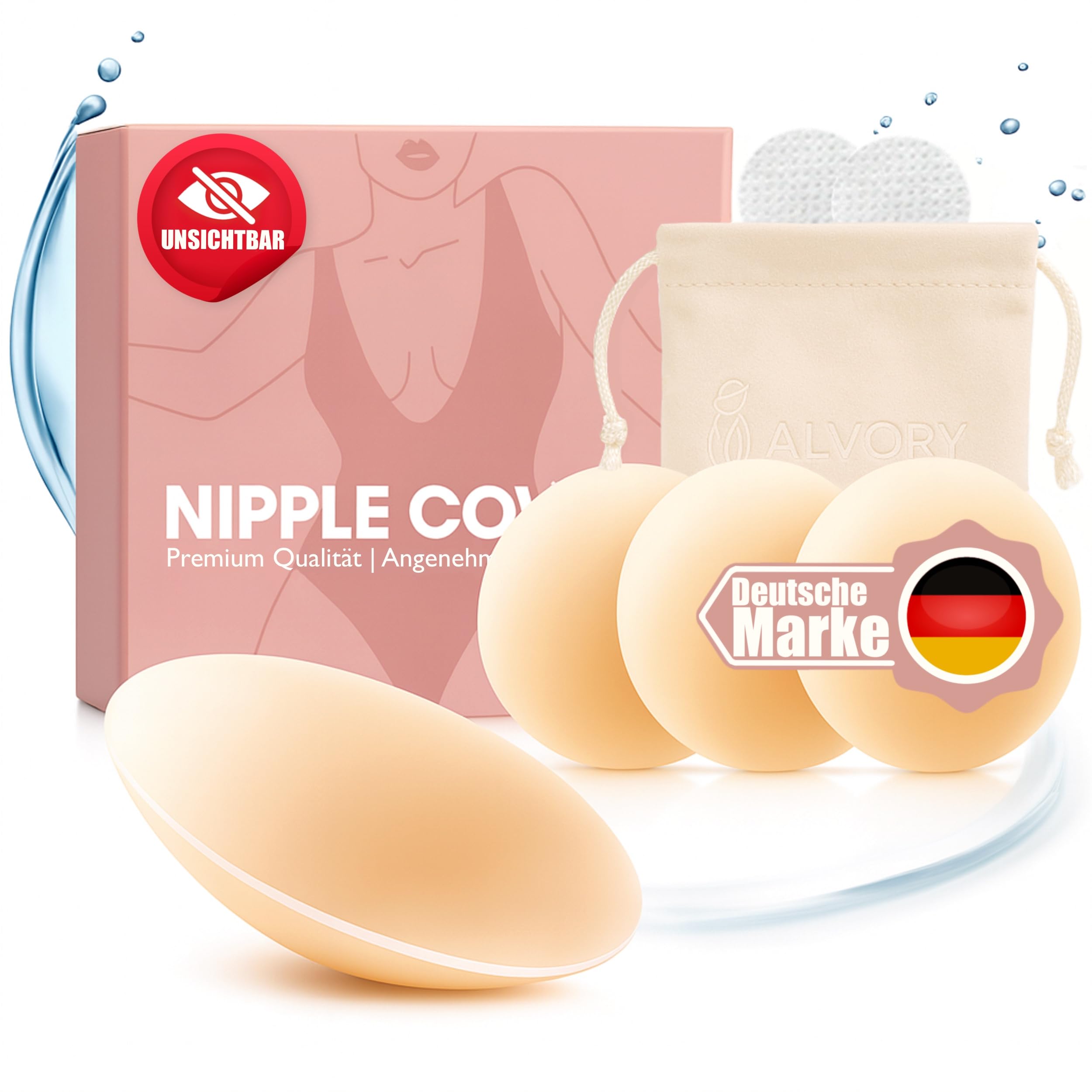 Alvory Premium Nippelpads, 4 Stück Selbstklebende Nipple Covers aus hochwertigem Silikon (Ø 8 cm) Wiederverwendbare & waschbare Brustwarzenabdeckung für Damen inkl. Aufbewahrungstasche