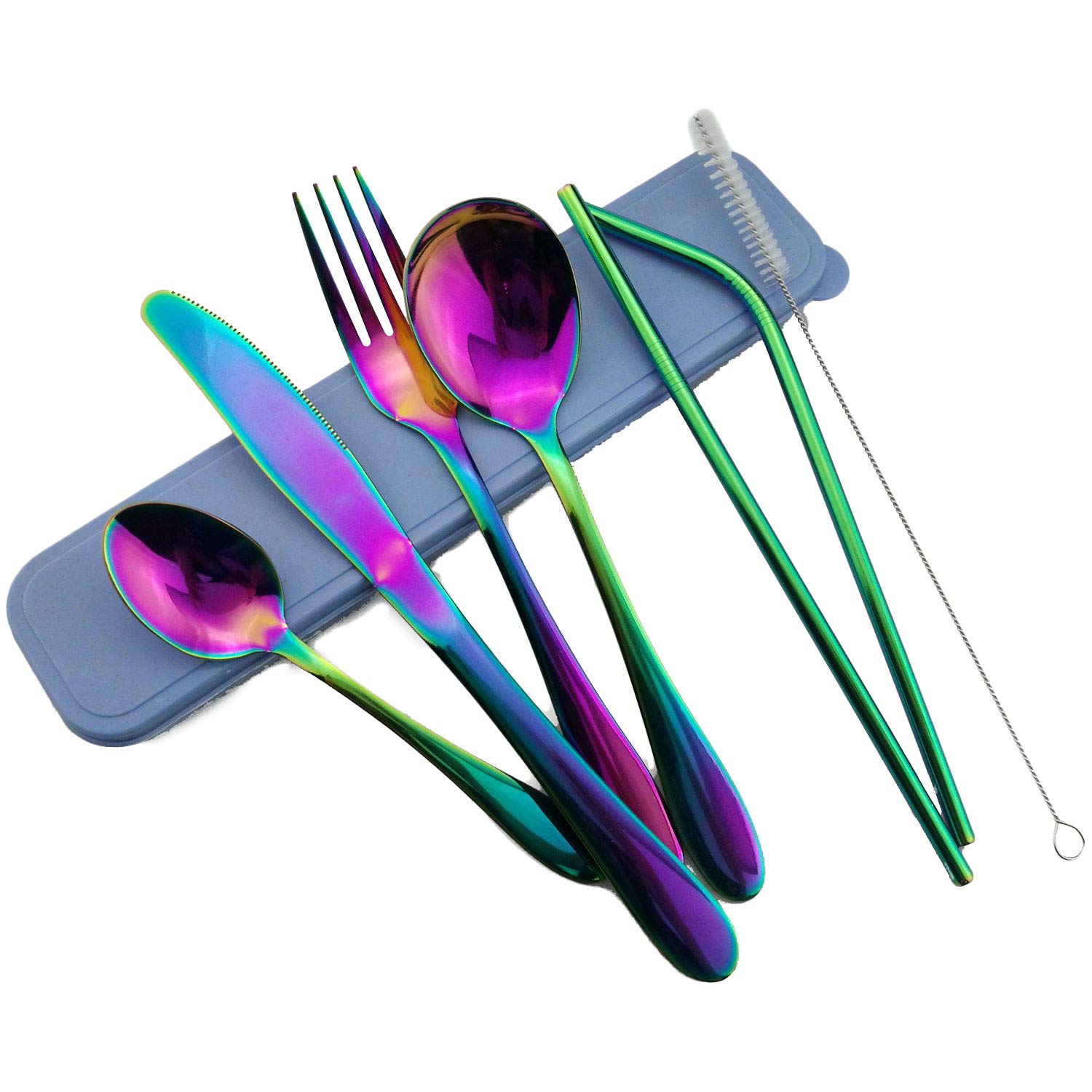 Luxury Multicolor Flatware Set With Straws, 4-Piece Chic Tableware Sets, Stainless Steel Rainbow Dinnerware Set, Include Spoon/Knife/Fork/Teaspoon/Portable Box(1Bent+1Straight+1Brush)