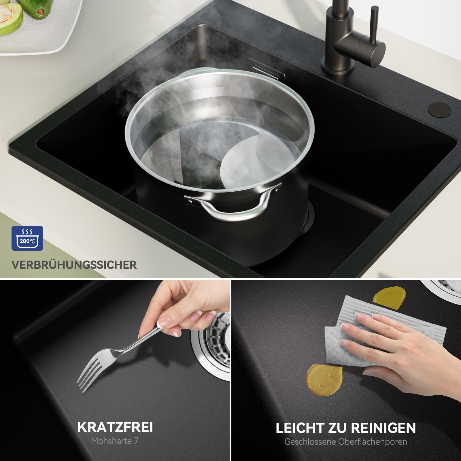 Küchenspüle Schwarz Granit 50x45cm, Spülbecken Küche Eckig, Moderne Einbauspüle Set mit 2 Hahnlöchern, Waschbecken Küche Schwarz, Spüle Küche, Granitspüle für Küchen, Hauswirtschaftsraum