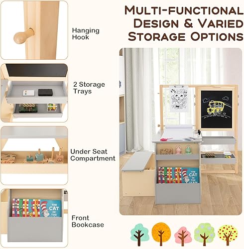 Miniatura 4 de Costzon Caballete para niños, centro de arte de madera con pizarra y pizarra blanca de doble cara, rollo de papel para dibujar, manualidades,