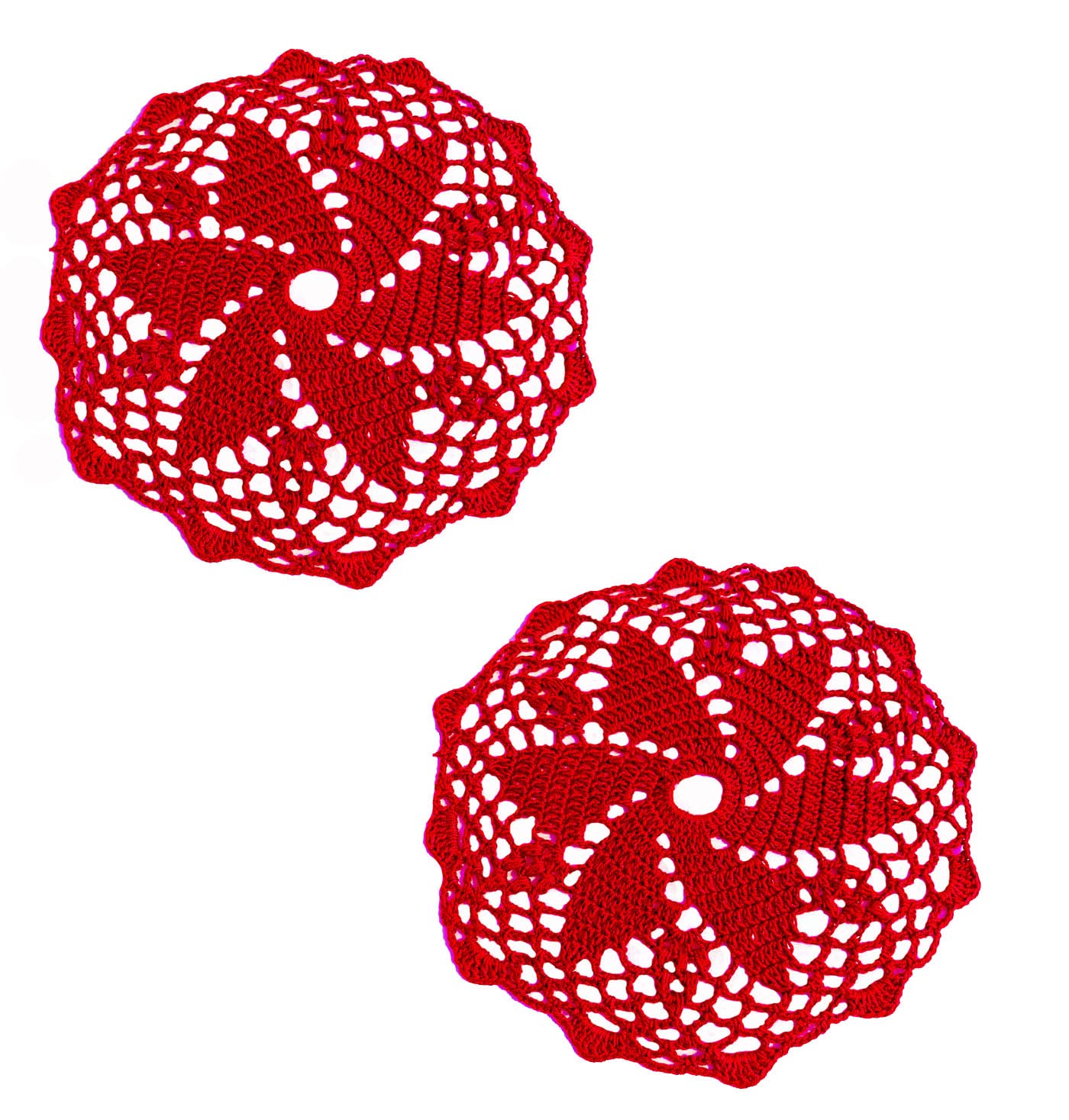ALLHANDMADE 2PCS 9" Crochet Cotton Lace Doilies Place Mats for Dinning Kitchen Knit Round Placemat (red)