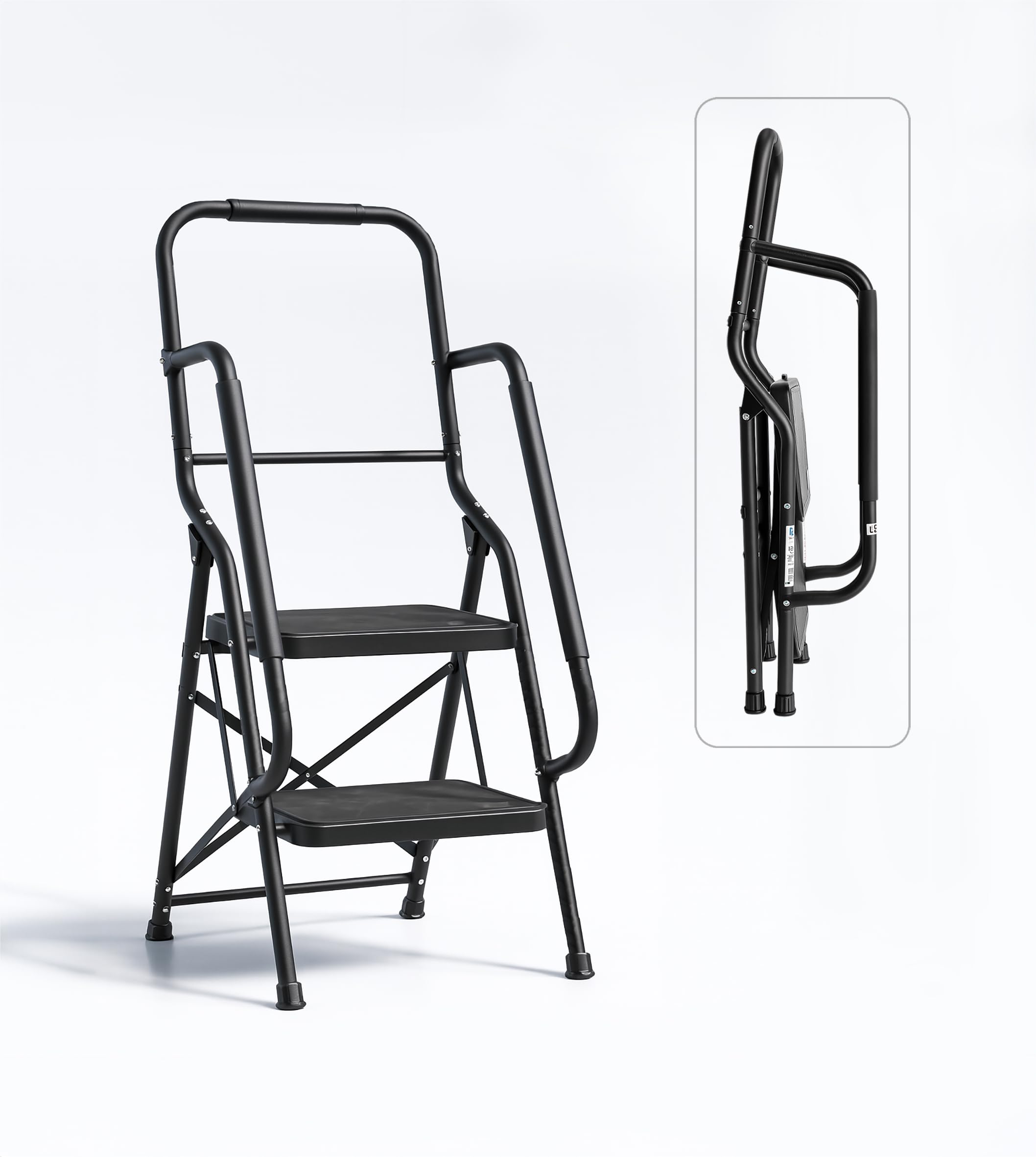 Bestfor Folding Ladder 2 Step, Cushioned Hand Rails, Extra Wide Non-Slip Steps, 150kg Limit, Durable Steel, Easy Fold & Carry, Space Saving, Black Step Ladder for DIY and Decorating