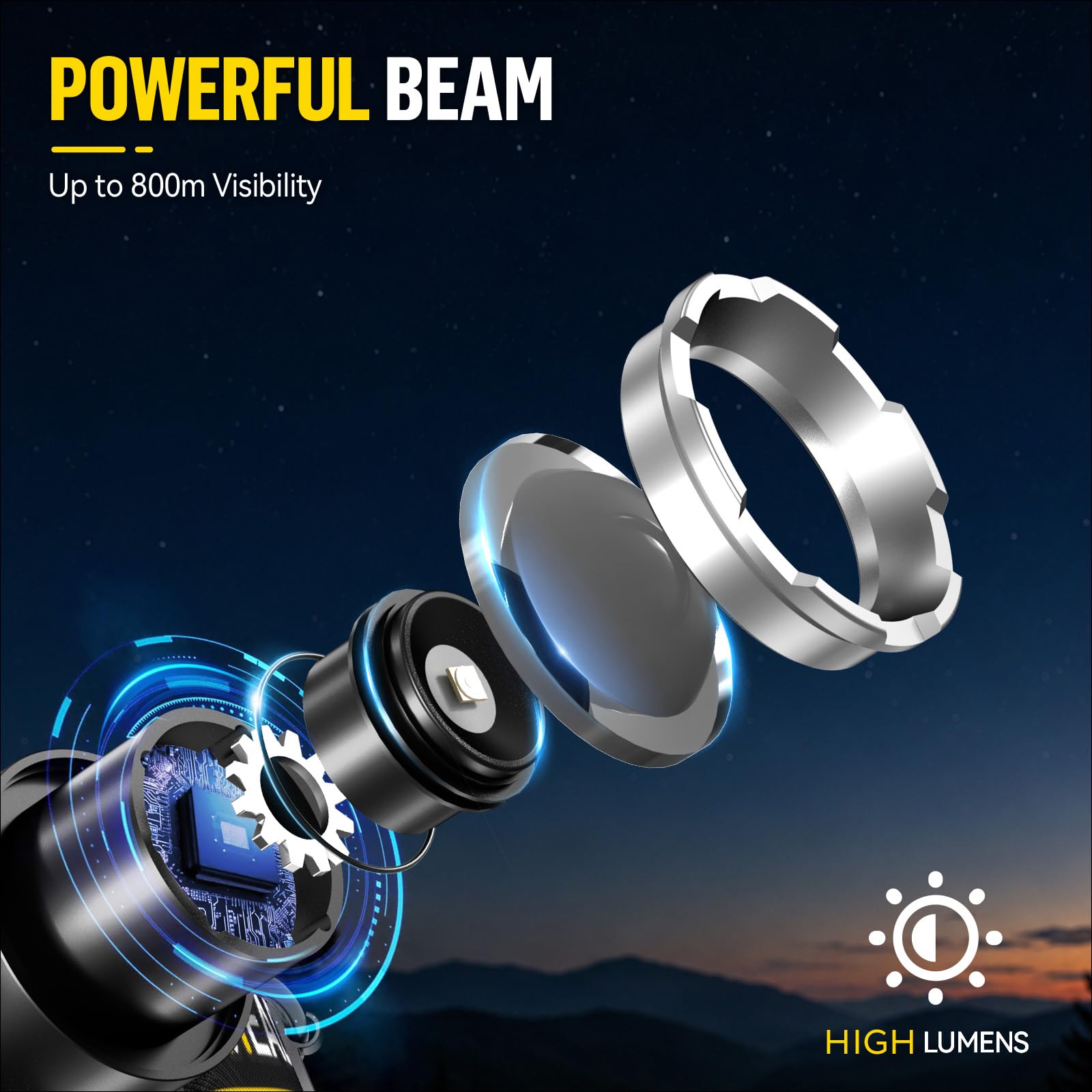SPK Lampe frontale rechargeable 90 000 lumens super lumineuse, 5 modes avec détecteur de mouvement, lampe frontale pour adultes, lampe frontale pour camping et casque rigide, bloc d'alimentation