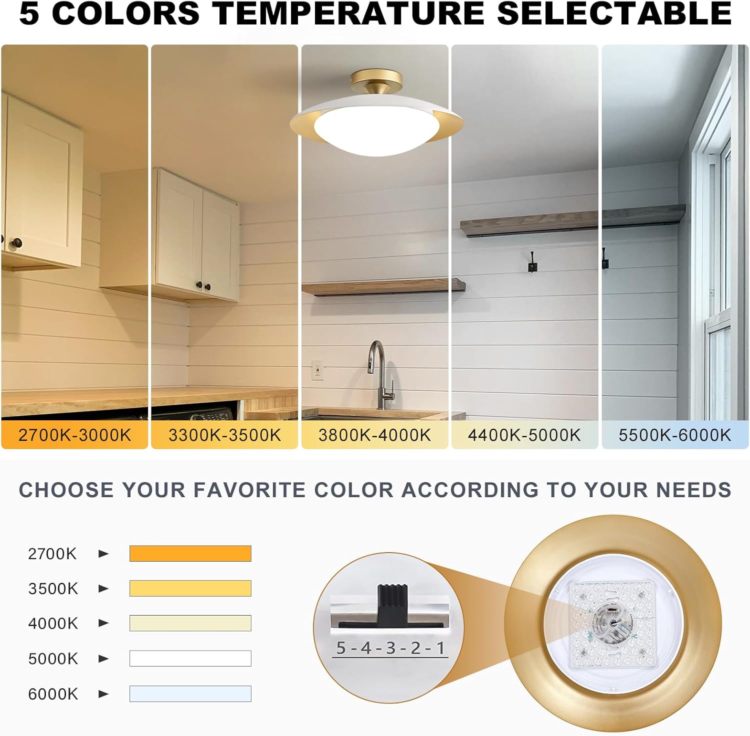 Dimmable Modern Semi Flush Mount Ceiling Light Fixture,Small White and Gold LED Glass Shade Kitchen Ceiling Lights,5CCT In One Light Fxiture for Hallway Entryway Bedroom Laundry Room Foyer(15.75in)