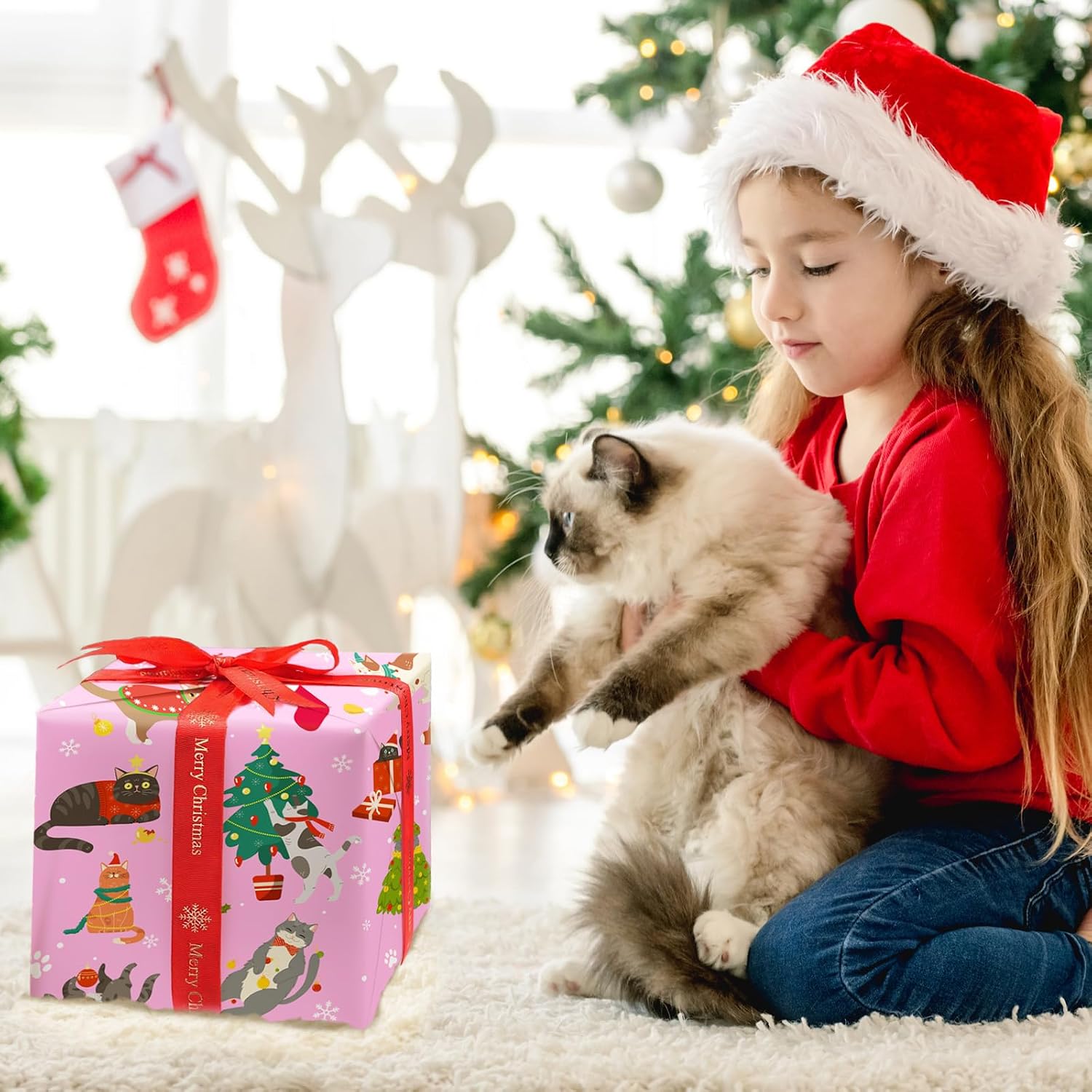 ZINTBIAL Cat Christmas Wrapping Paper - Pink Xmas Gift Wrap with Festive Cats, Holiday Trees and Snowflakes Design - Perfect for Cat Lovers, Kids & Adults Gift Wrapping - 40×28 Inches, 4 Folded Sheets image 2