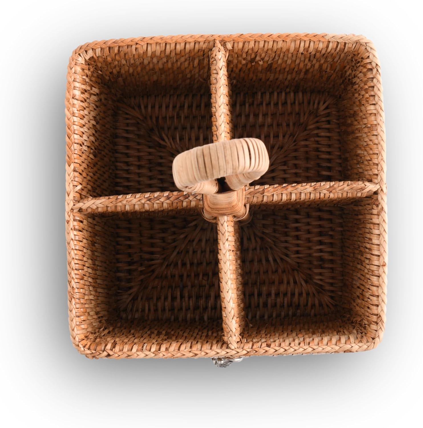 Vagabond House Coastal Woven Rattan Silverware Organizer, Natural Eco-Friendly 4-Compartment Kitchen Storage, Designer Wicker Utensil Holder for Beach House, Picnic, Party, Desk Outdoors