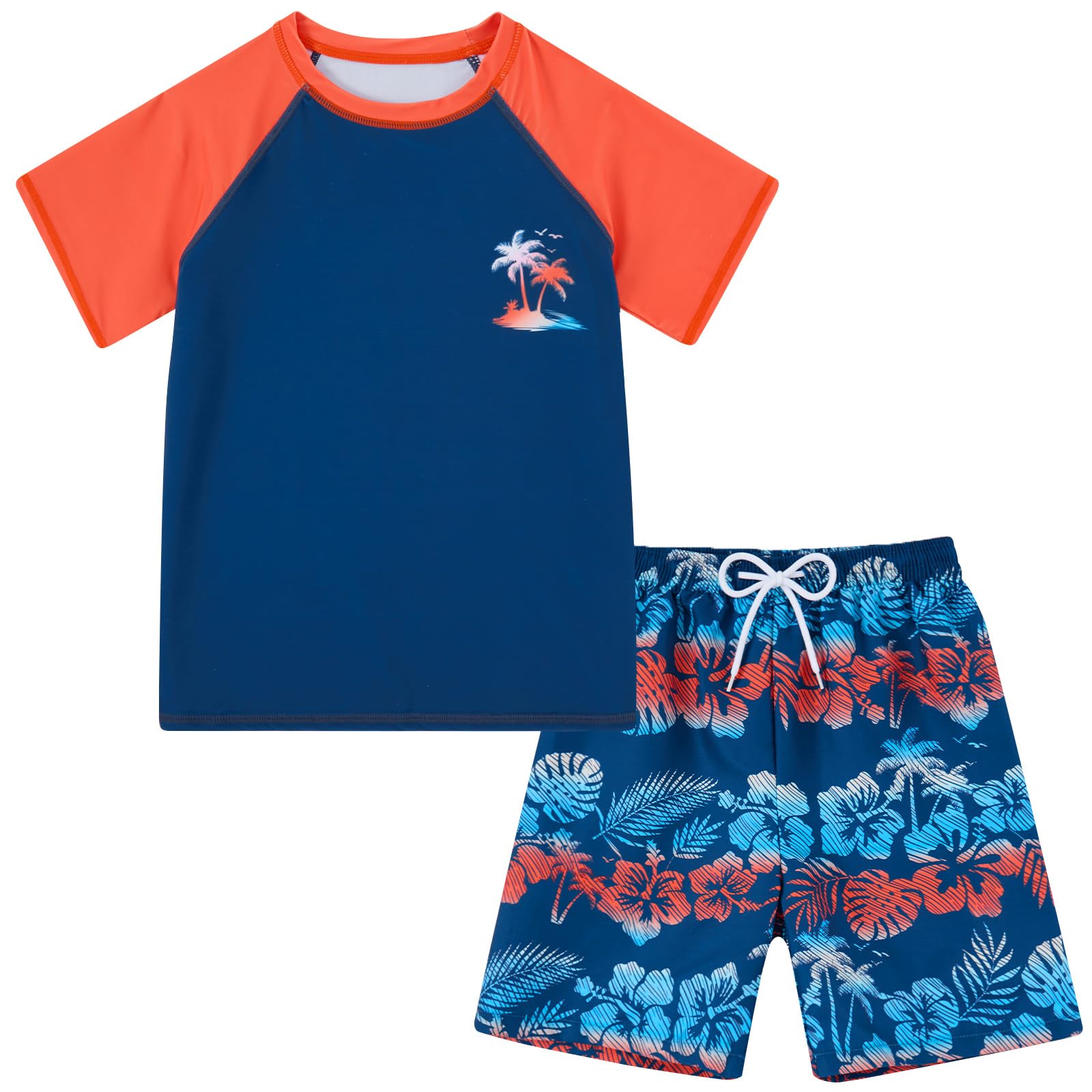 Boys Short Sleeve Rash Guard Swimsuit Set with Swim Trunks for 4-12 Years