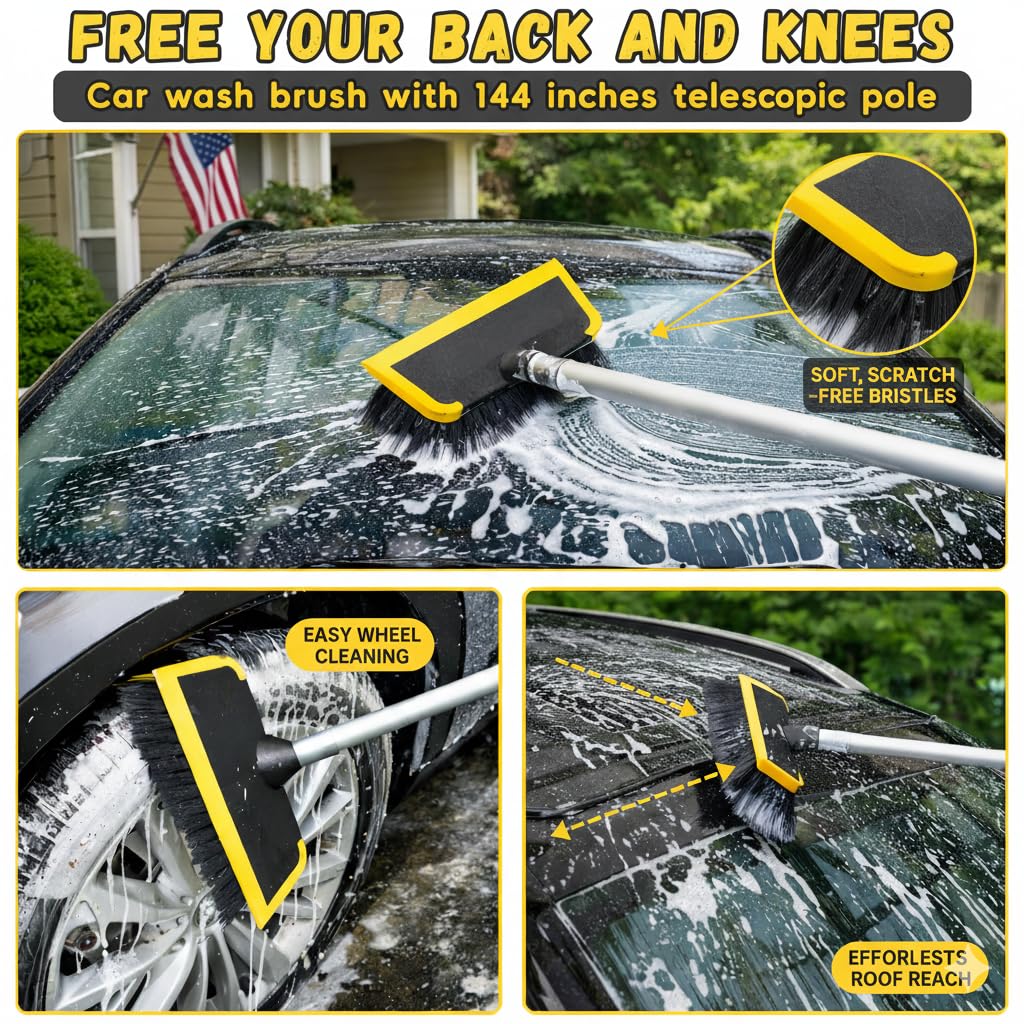 Kit de escobilla de cepillo de lavado de coche de 144 pulgadas con cubo plegable, poste telescópico, contenedor de agua plegable, impermeable, manopla, esponja, toalla súper absorbente, cerdas