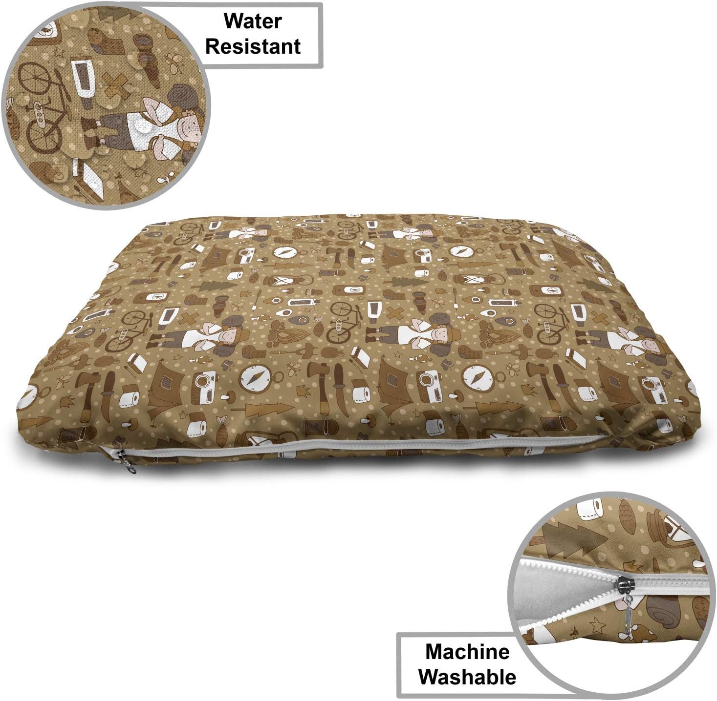 review Lunarable Camping Pet Bed, Outdoor Adventure Pattern with Tent Bicycle Camera on a Dotted Backdrop, Chew Resistant Pad for Dogs and Cats Cushion with Removable Cover, 24