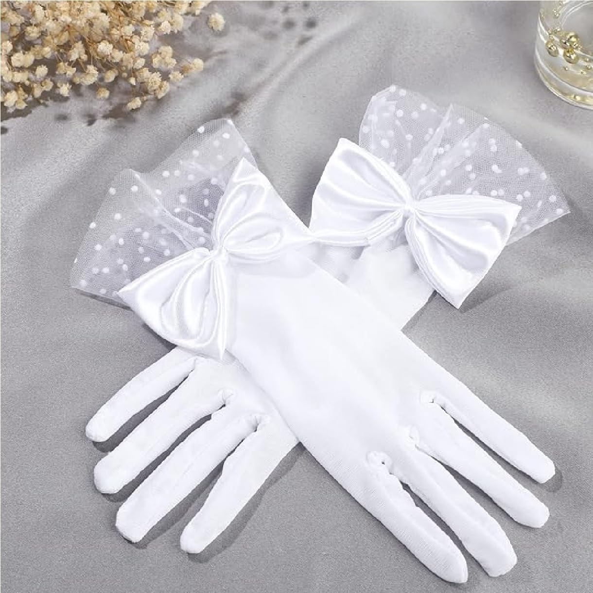 TASMAI MARKETING Ladies Short Lace Gloves, Bow Design with Polka Dots, Soft Breathable Fabric, Pink Red Black Rosered White and Beige Colours (White, 28 * 9.5 cm) 4