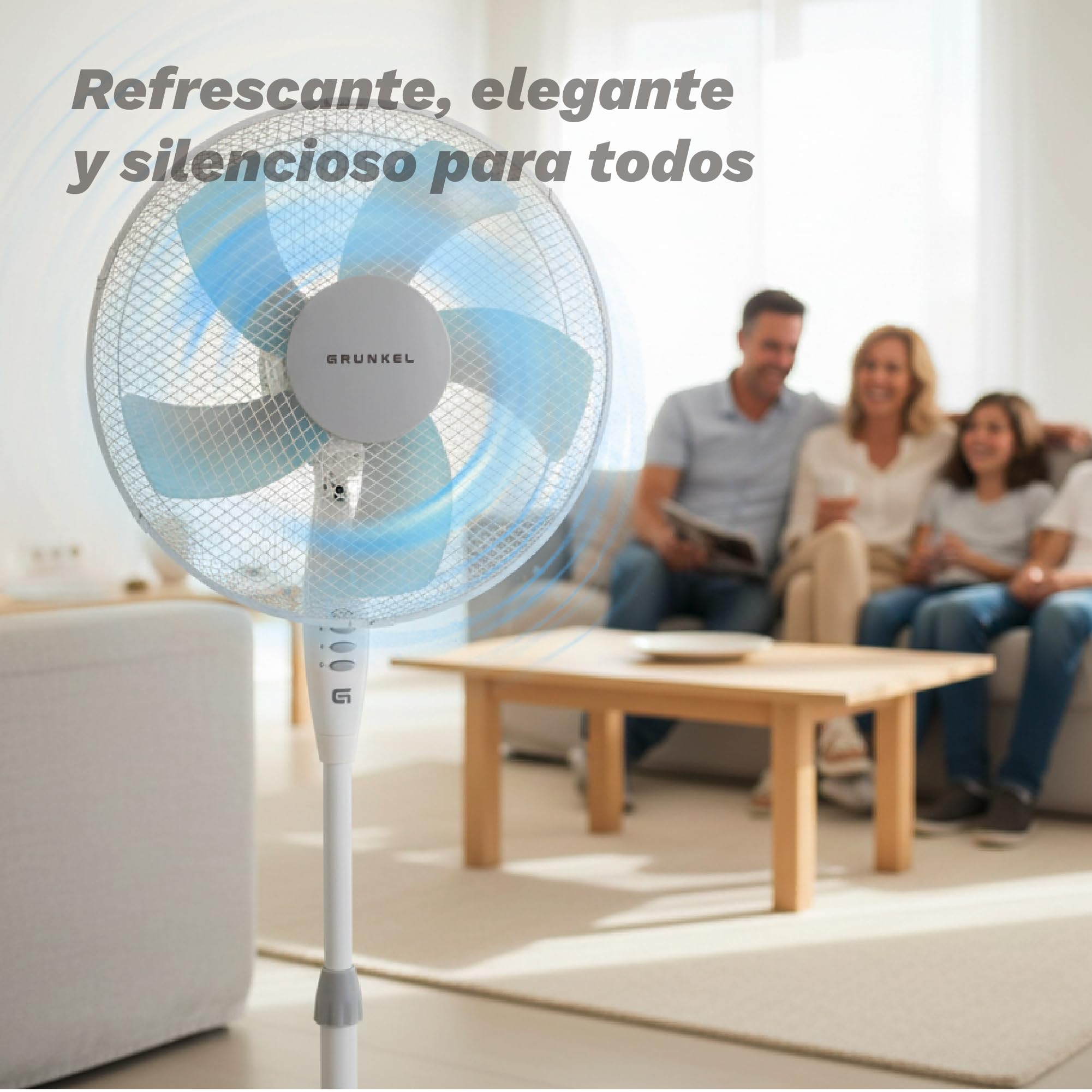 Grunkel Ventilador de Pie FAN-165 de 50W- 16" 40cm de diametro con 3 Velocidades y 5 aspas, Altura Regulable hasta 118cm. Cabezal inclinable, oscilación 90° y cable de 1,4m - 50W (Blanco)