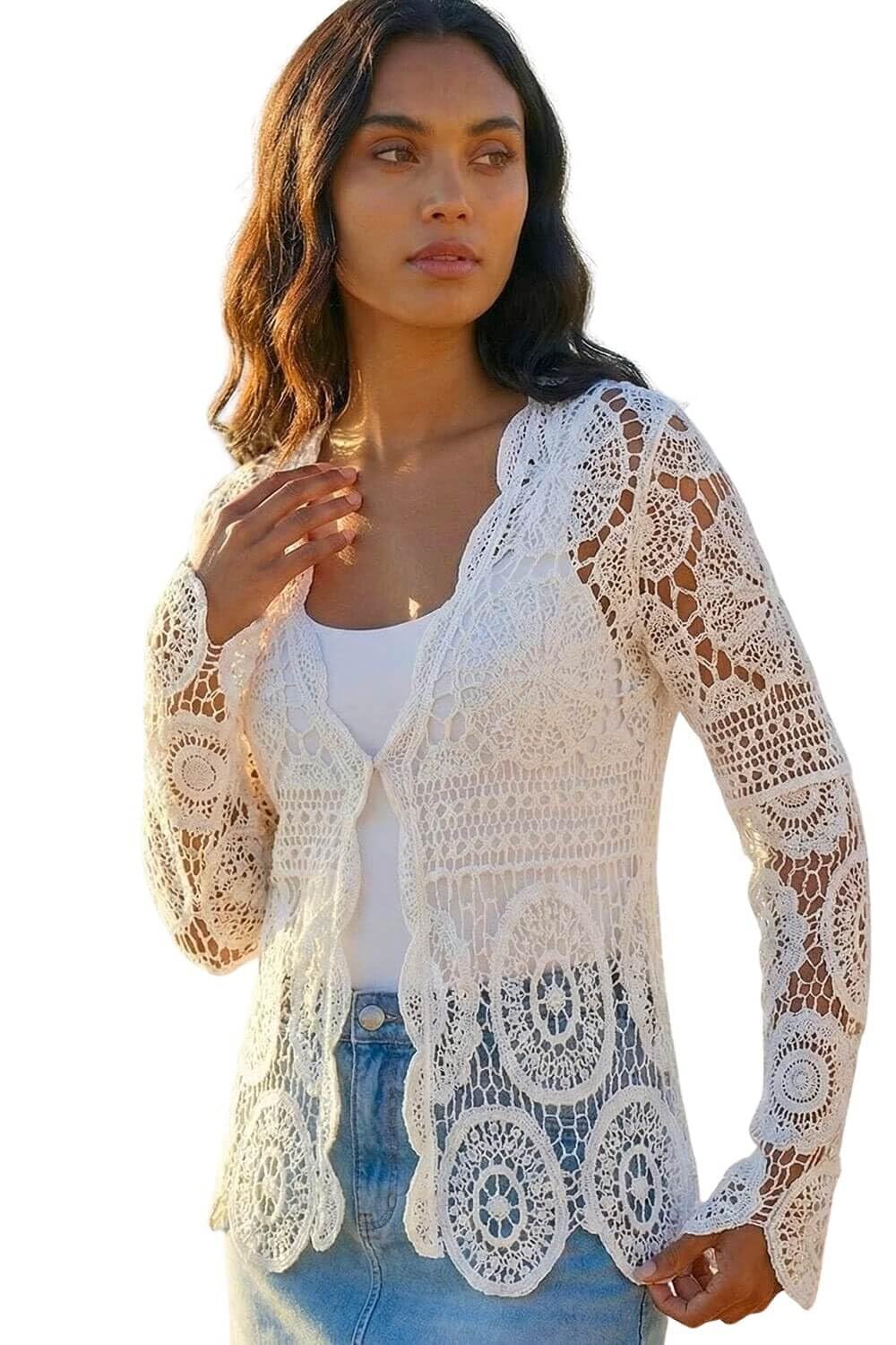 Roman Crochet Tie Front Knit Cardigan, White, Size Xl, Women