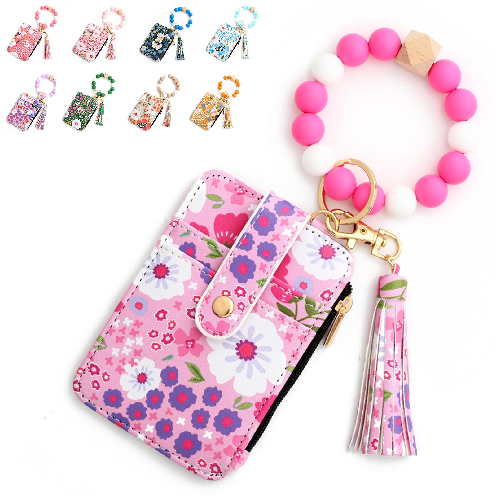 Wristlet Bracelet Keychain Credit Card Holder Purse, Zip Slim Wallet,Tassel Silicone Beaded Bangle Key Ring Wallet for Women