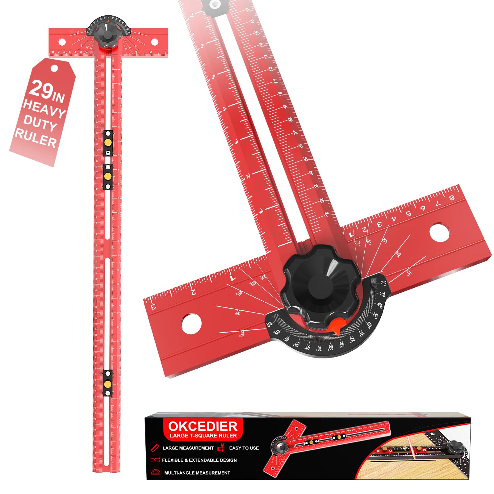 Okcedier 29 Inch Woodworking T Square Ruler, Precision Drilling Positioning Measuring Tools, Adjustable Aluminum Alloy Sliding T-Square Ruler with Angle Adjustment for Carpenter Work and Architec