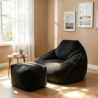 WHGBJA 4FT Bean Bag Chair for Adults/Kids with Ottoman,35D Memory Foam Filled,Cozy Fluffy Gaming Chair for Living Room, Bedroom (Black)
