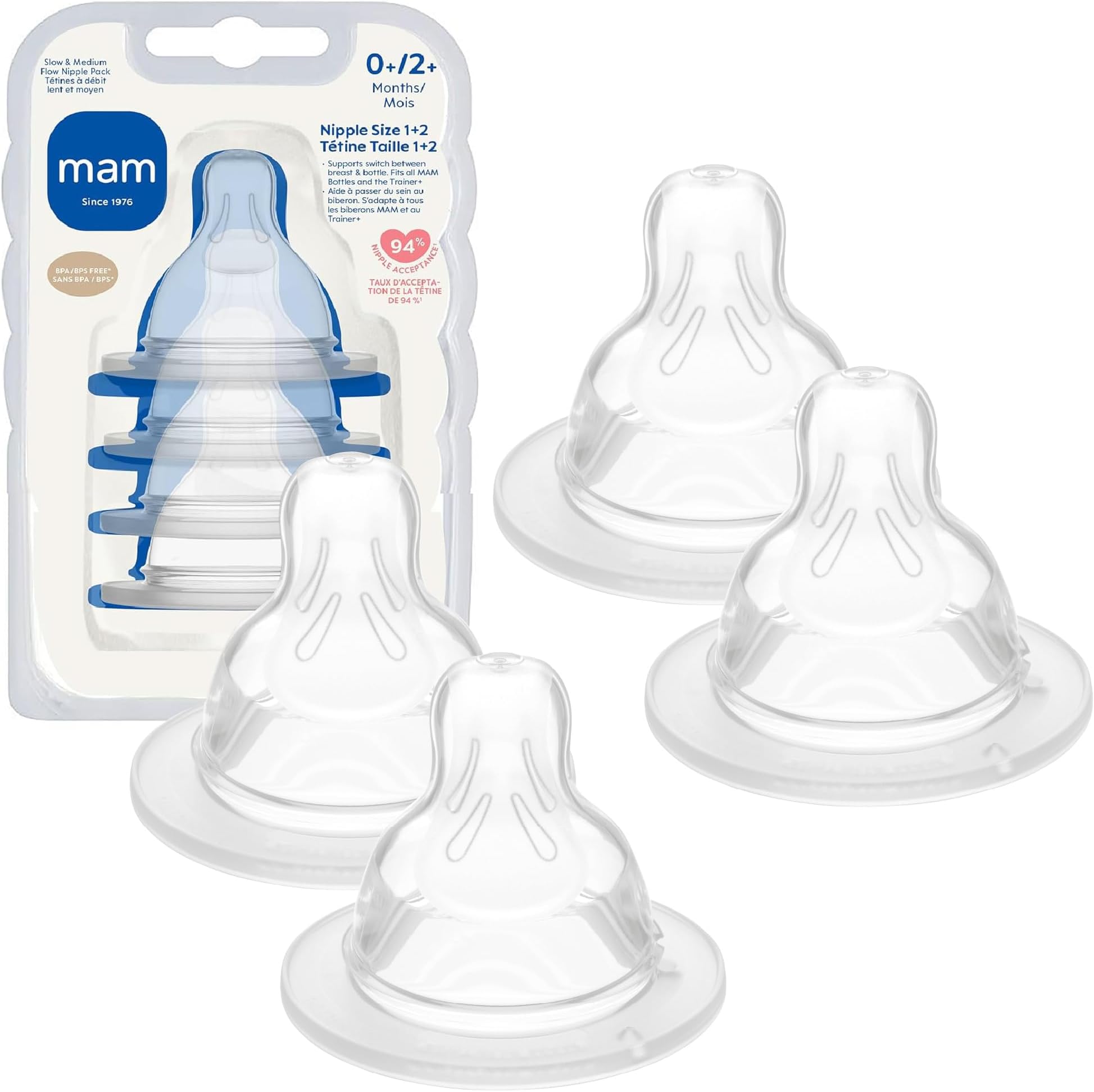 Baby Bottle Nipple Mixed Flow Pack, Slow Size 1 and Medium Flow Size 2 for Babies 0+ Months, Skin Soft BPA Free Silicone, 94% Nipple Acceptance, Fits All MAM Bottles, 4 Pack, Made in Europe