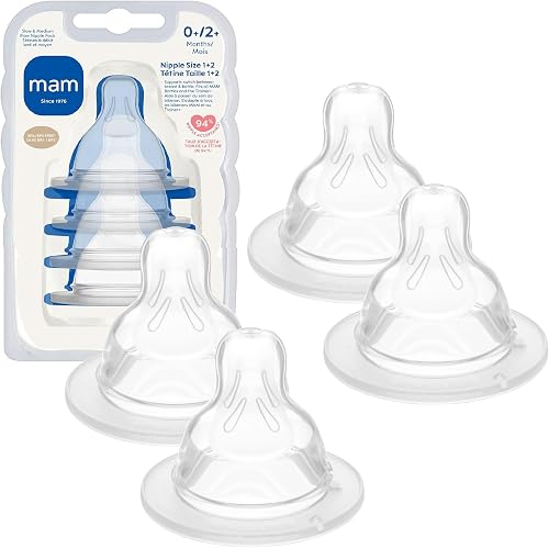 MAM Bottle Nipples Mixed Flow Pack - Slow Flow Nipple Level 1 and Medium Flow Nipple Level 2, for Newborns and Older, SkinSoft Silicone Nipples for Baby Bottles, Fits All MAM Bottles, 4 Pack