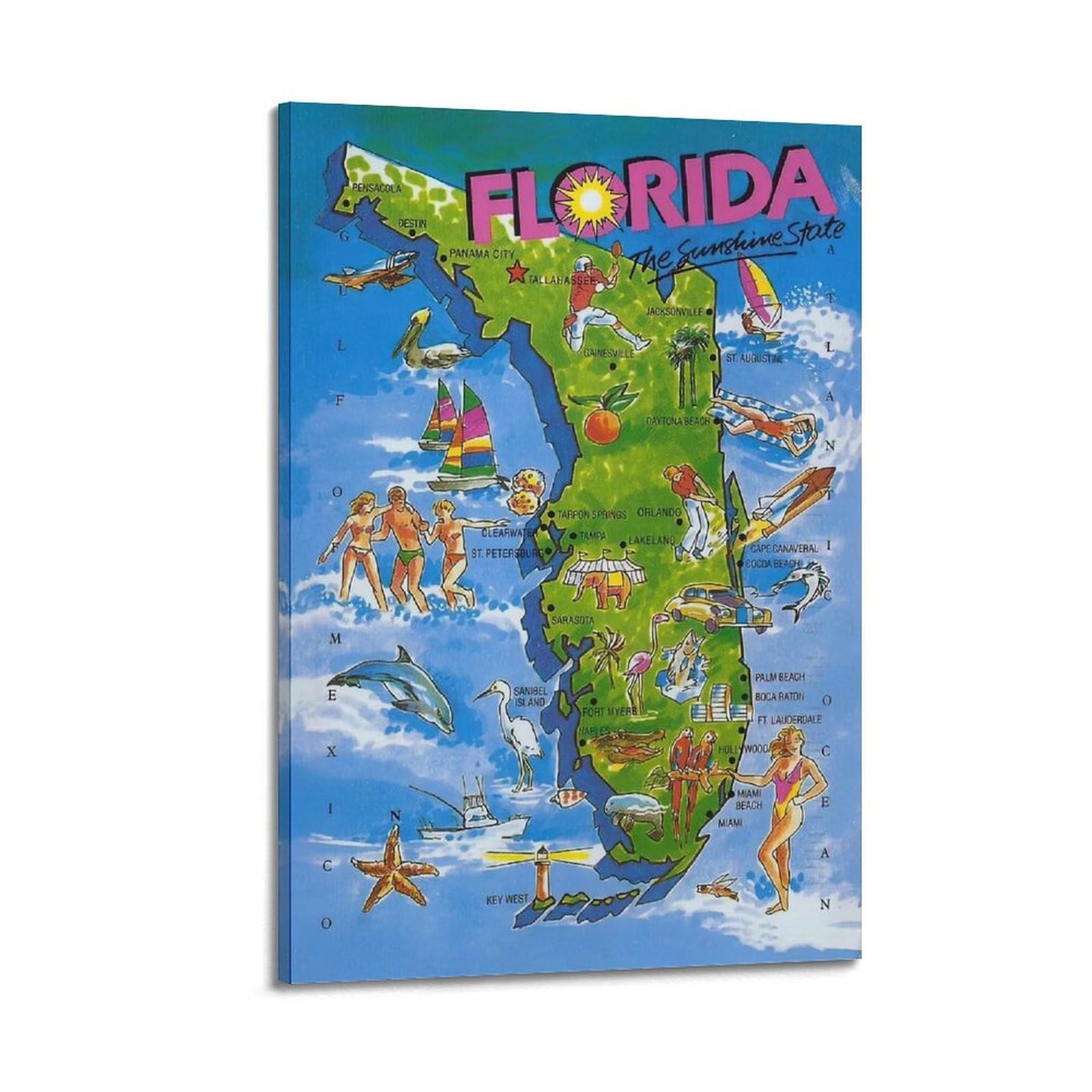 ESTE Florida Tourism Cartoon Map The Sunshine State Poster Decorative Painting Canvas Modern Art Picture 20x30inch(50x75cm)