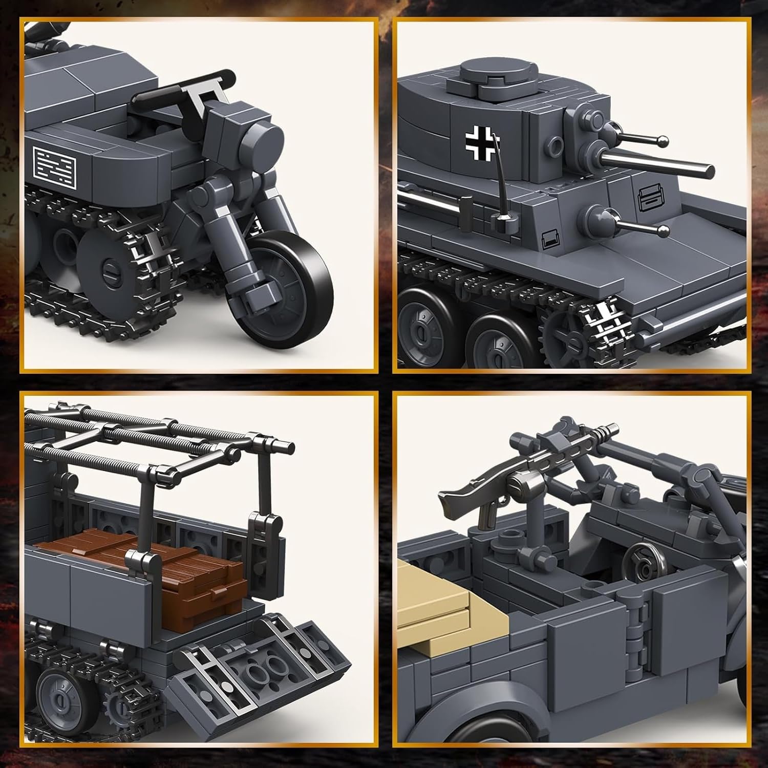 Technik Panzer Bausteine Bausatz, 4 in 1 Panzer Klemmbausteine, WW2 Militär Fahrzeug Bausteine Modell Spielzeug, Geschenke für Erwachsene und Militärfans, 1089 Teile