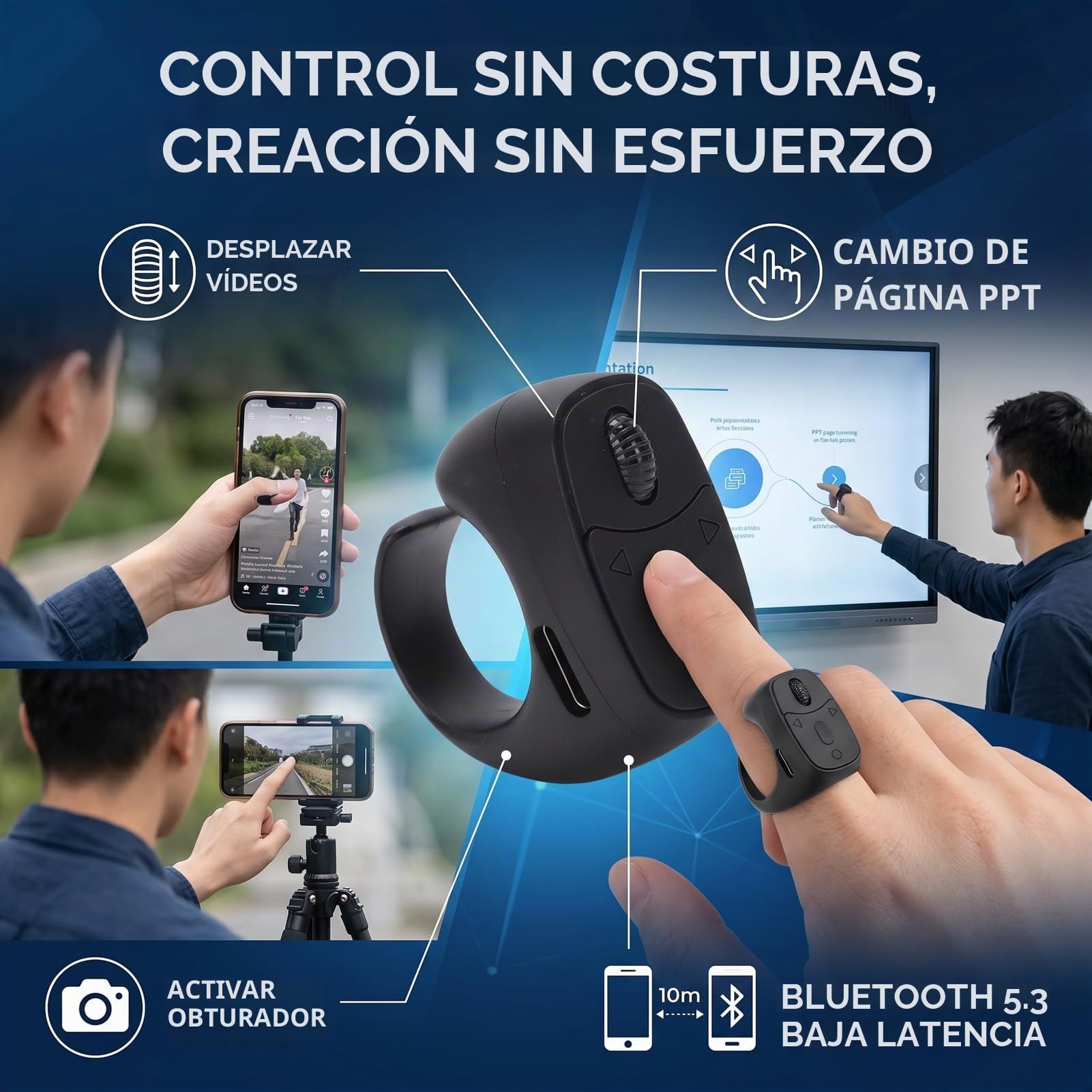 Annadue Anillo de Desplazamiento Remoto para TikTok, Cámara Multifuncional, Grabación de Vídeo, Volteador de Páginas Bluetooth, Anillo de Desplazamiento Bluetooth Control Remoto para (Black)