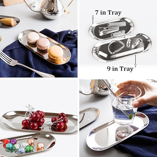 Miniatura 4 de Bandeja decorativa de acero inoxidable, juego de 2, 7 pulgadas de largo, organizador de cosméticos para joyas, bandeja de almacenamiento pequeña,