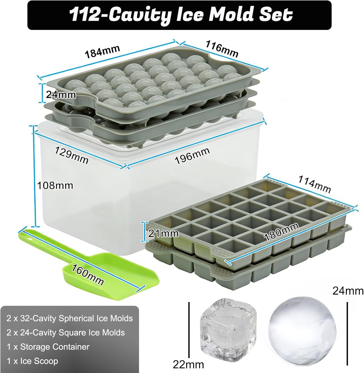 Ice Cube Tray Set with Container & Scoop – 4 Pack Sphere Ice Maker & Square Ice Tray, BPA-Free Silicone Mold for Cocktails, Whiskey, Coffee, Easy-Release & Stackable (4Tier-Square&Round)