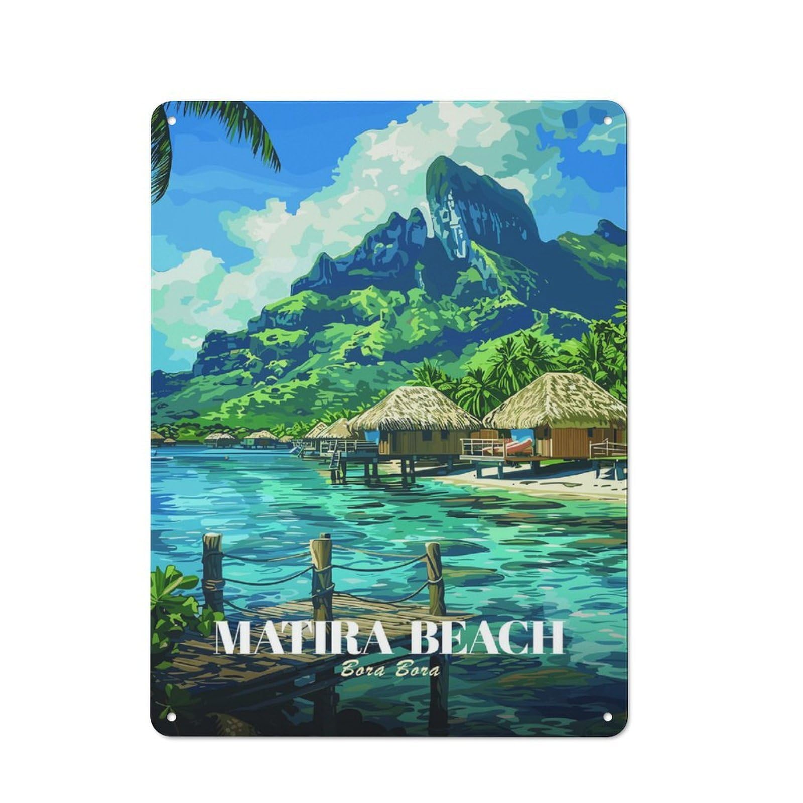 Junmoney Style-11 Tin Wall Plaque 40X30cm With Matira Beach, Bora Bora Illustration For Home Office Or Studio, For Metal Sign Collectors, For Garage And Workshop Walls