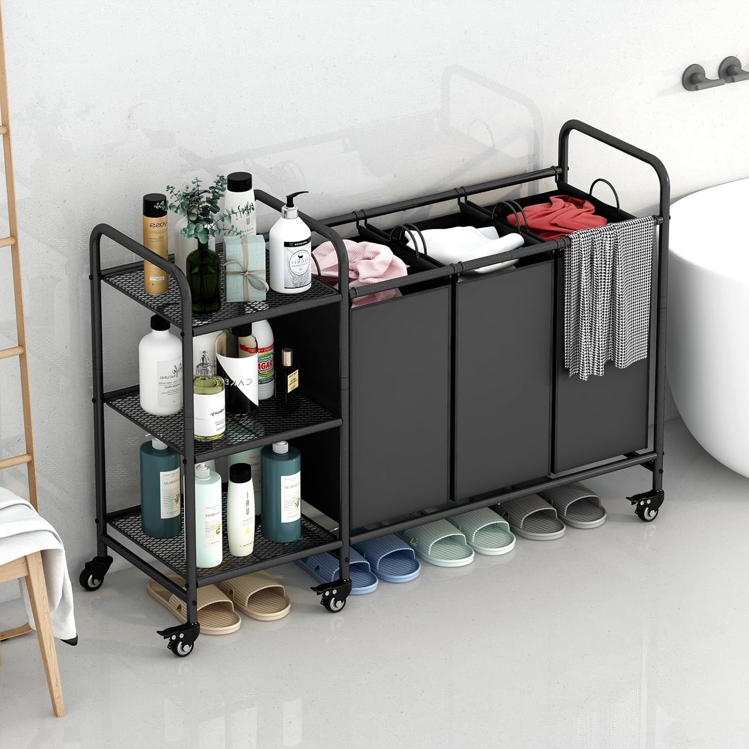 Black Iron 3-Bag Laundry Sorter with Wheels and Storage Shelf