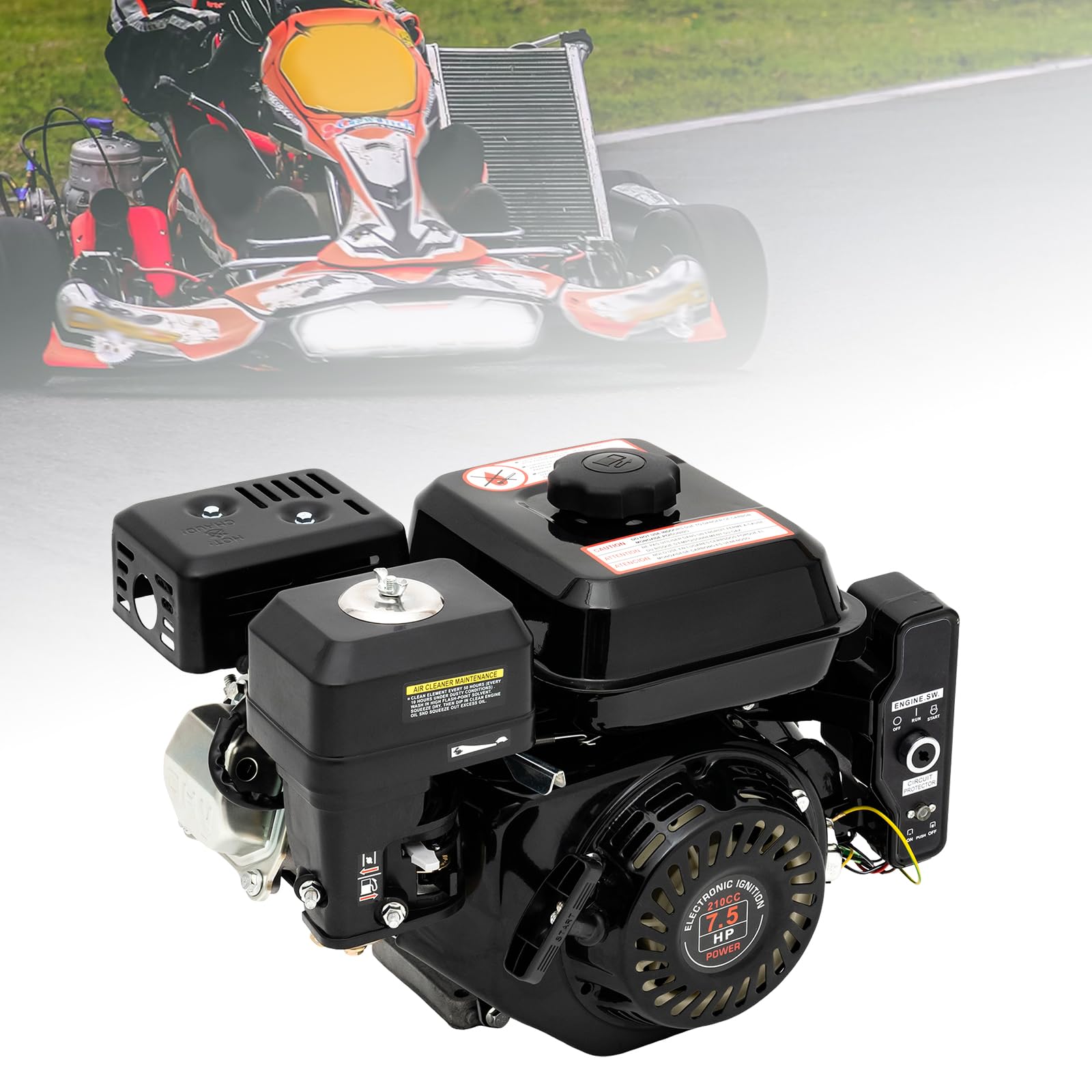 Motor de gasolina de 7,5 CV 210 cm³, motor de 4 tiempos, monocilindro, 3600 rpm, eje de 20 mm, arranque manual y eléctrico, refrigerado por aire, depósito de 3,6 L para kart, generador y compresor