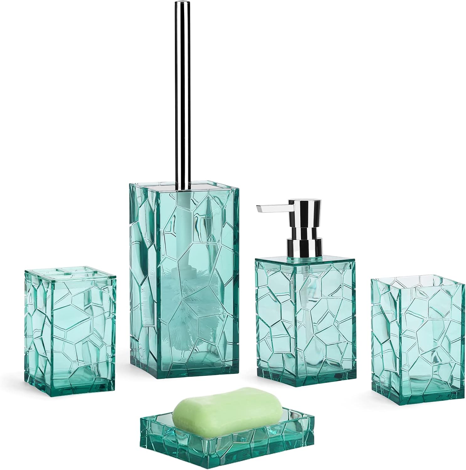 5 Piece Bathroom Accessories Set, Acrylic Bathroom Vanity Accessory Set with Toothbrush Holder Tumbler Lotion Dispenser Soap Dish Toilet Brush Set for Elegant Bathroom Decor and Gift Set (BLUE)