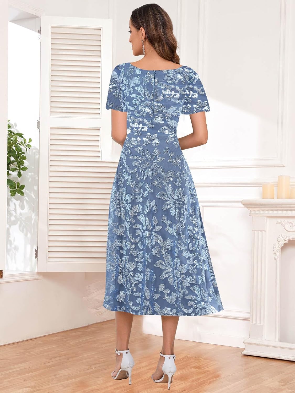 Sparkly Lace Mother of The Bride Dresses Tea Length Formal Evening Party Dress for Women
