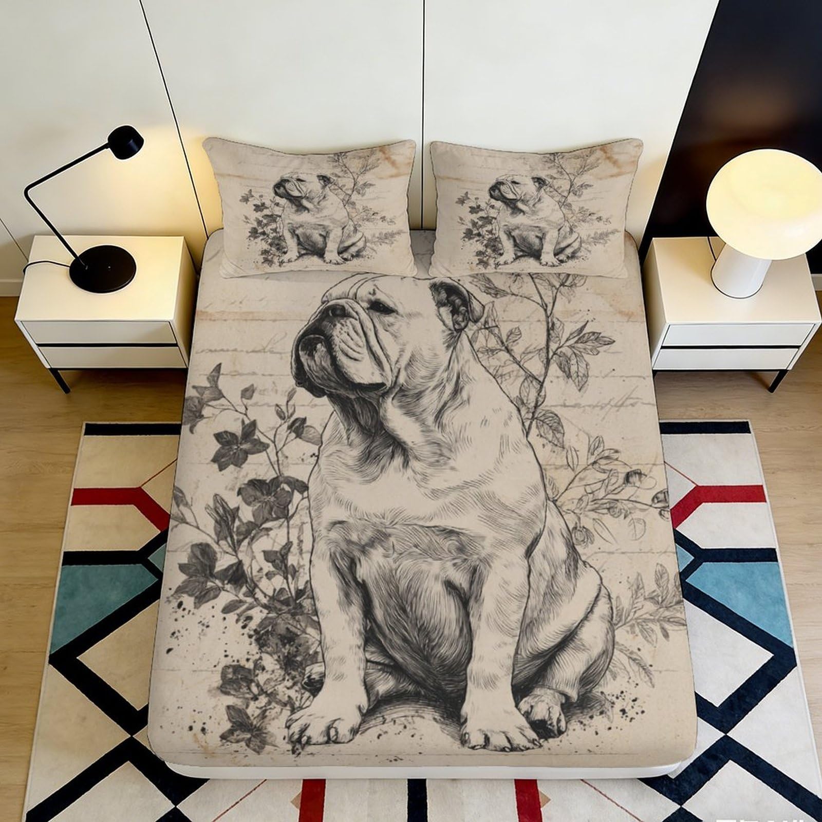 3D Printed Bulldog Fitted Sheet Microfiber Soft Breathable Dog Sketch Bed Cover for Bedroom Dormitory Guest Room Mattress Protection Decor 200x200x25cm