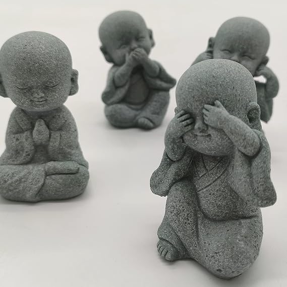 4 Pcs Baby Buddha Statue Cute Monks Figurine Sandstone Smiling Buddah Sculptures Ornament Small Gifts for Aquarium Fish Tank Feng Shui Decor Home Office Car Dashboard Decoration,Gray