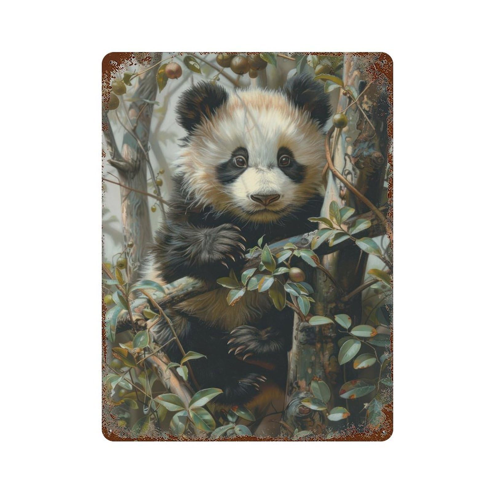 Vintage Rust Metal Sign Panda in Blossom 15.7"x11.8", Shabby Chic Decor for Cafe, Home Bar And Lounge Decor