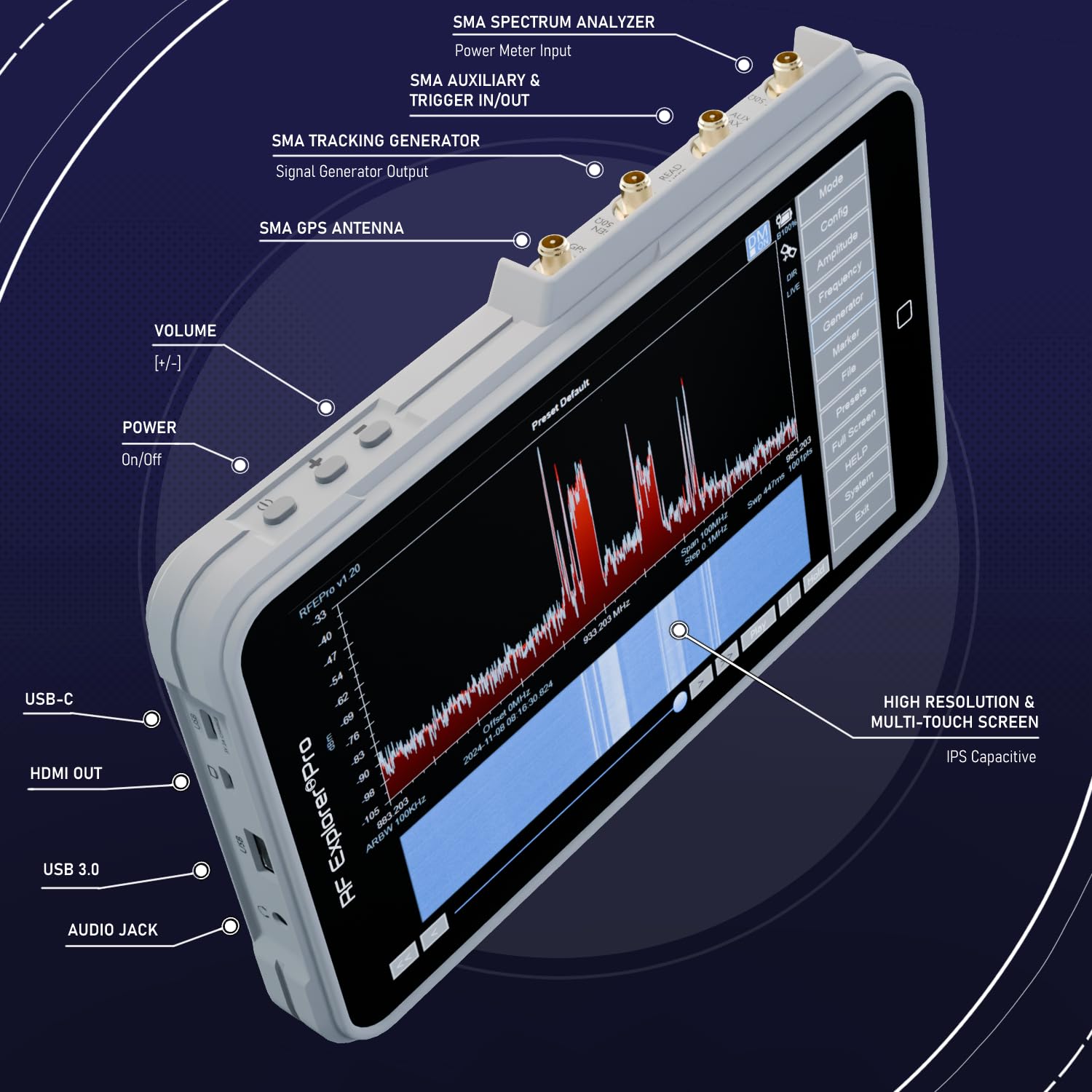 RF Explorer® Pro — Touch Screen Advanced Spectrum Analyzer, 15MHz to 3.3/6/7.5GHz Precise Sweep, 1280×800 High-Resolution Display, Modular Licensed Design for Professional RF Analysis