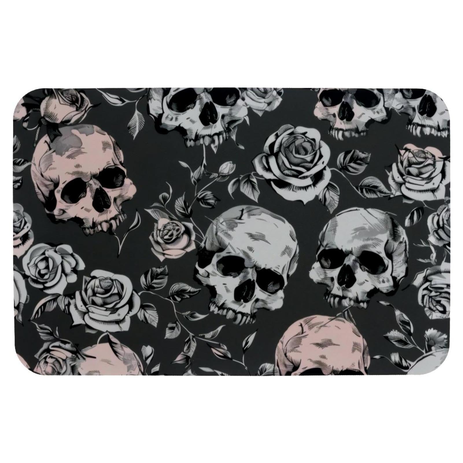 Tapis de bain absorbant et antidérapant gris à tête de mort rose