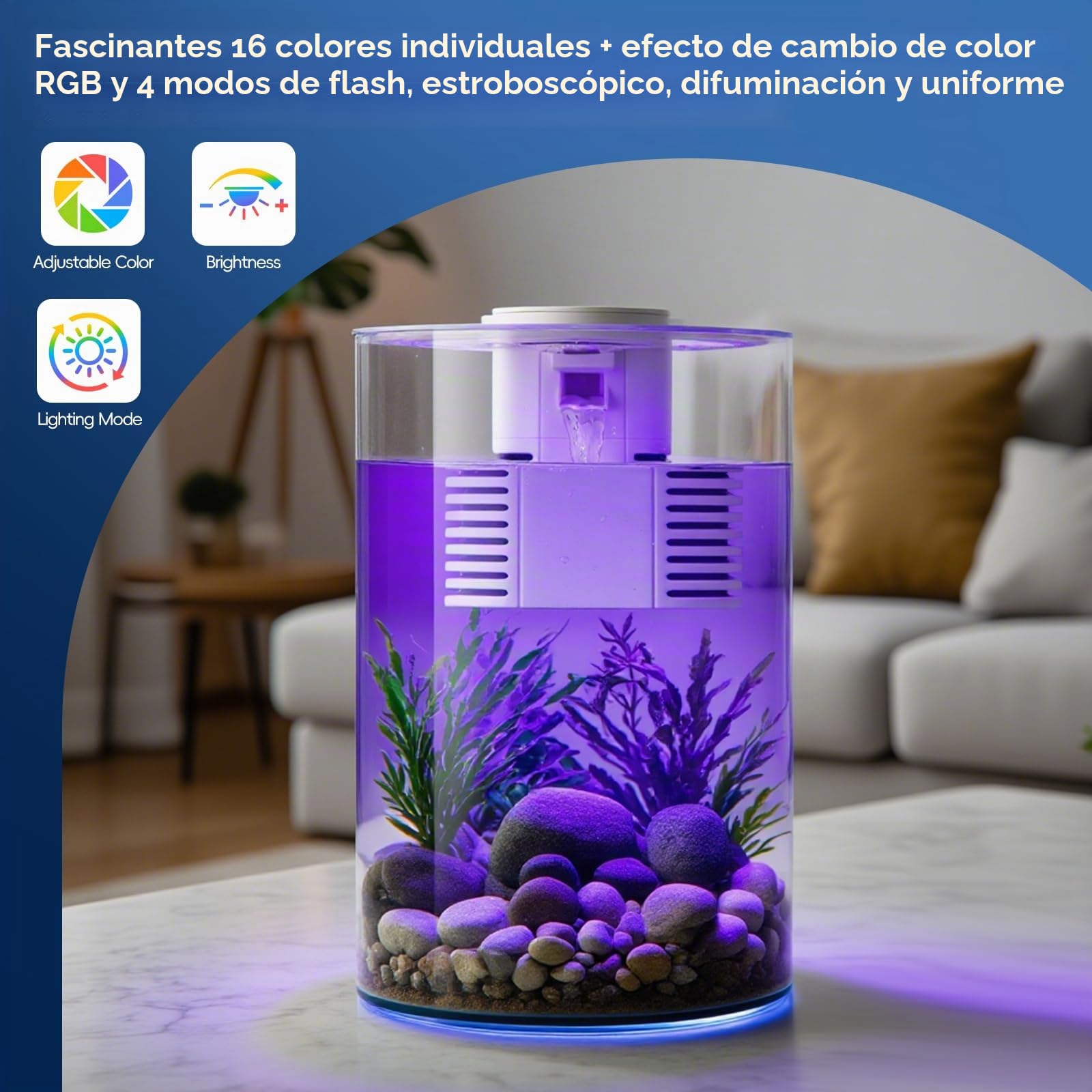 Acuario con filtro e iluminación LED, multicolor, 11 l/3 galones completo frasco de peces, pequeño acuario de 360 °, para peces pequeños y peces Betta, oficina y regalos