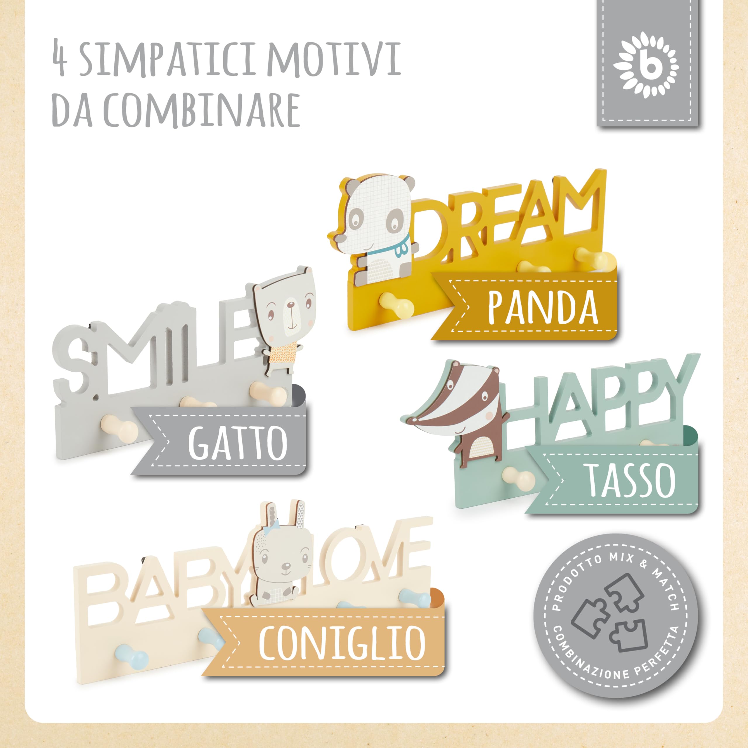Bieco Smile Gancio appendiabiti per bambini in legno 25 cm 3 ganci da parete
