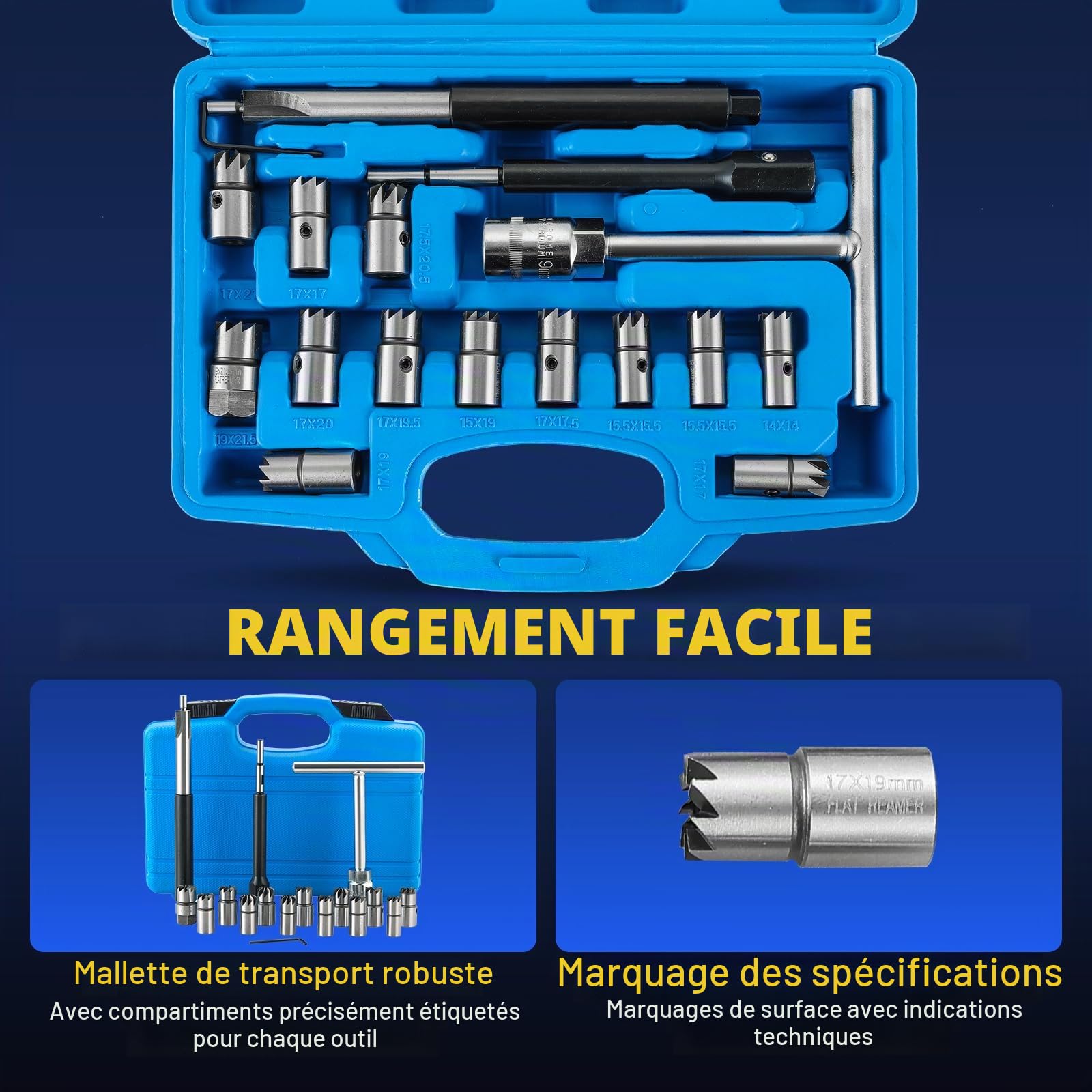 DASBET Lot de 17 outils pour sièges d'injecteur diesel Ensemble de nettoyage de siège d'injecteur Outil de découpe professionnel pour siège d'injecteur diesel Ensemble de retrait de carbone pour