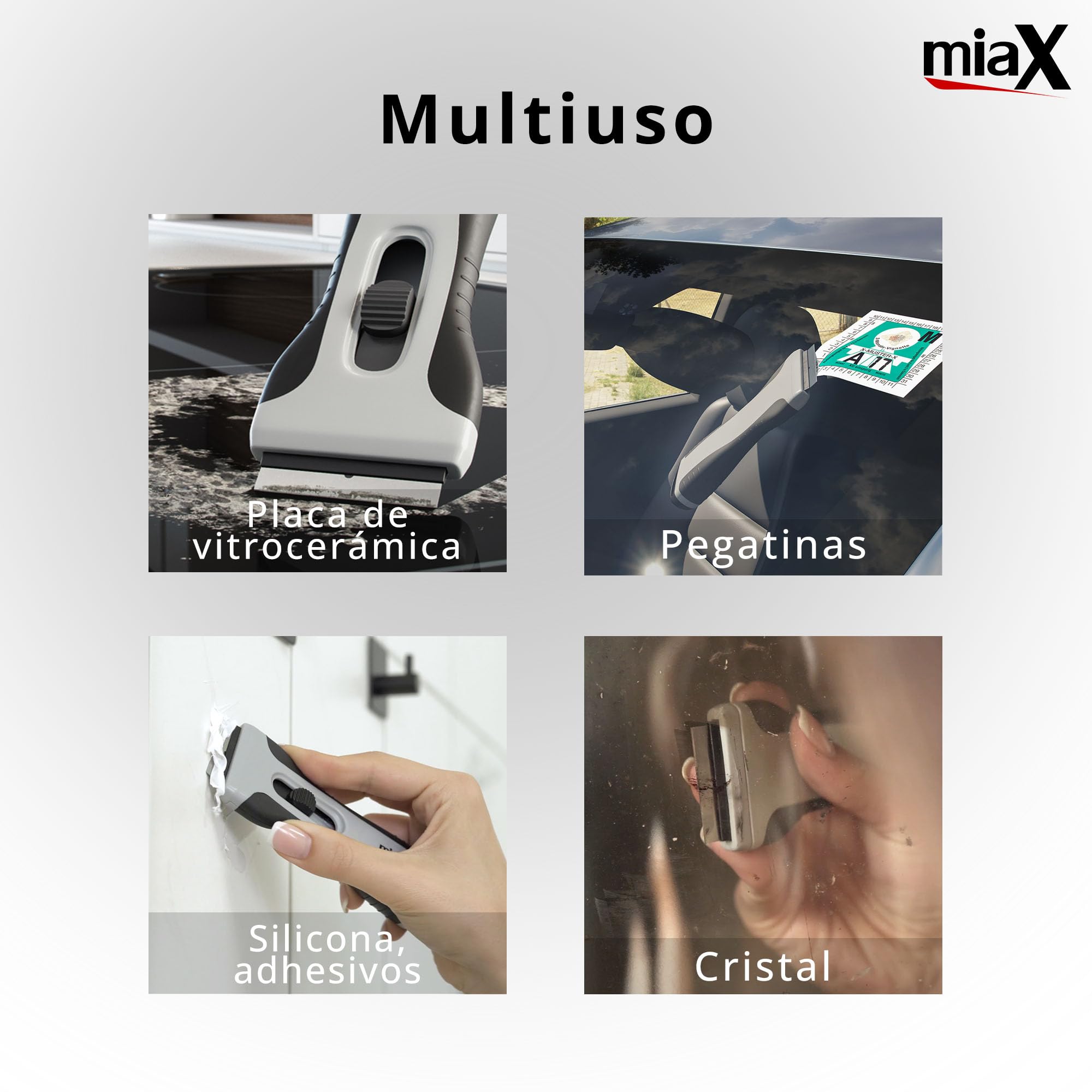 miaX Rasqueta Vitrocerámica con Compartimento y 20 Cuchillas | 15 cuchillas metálicas, 5 cuchillas plásticas, placa de inducción, horno, mango antideslizante