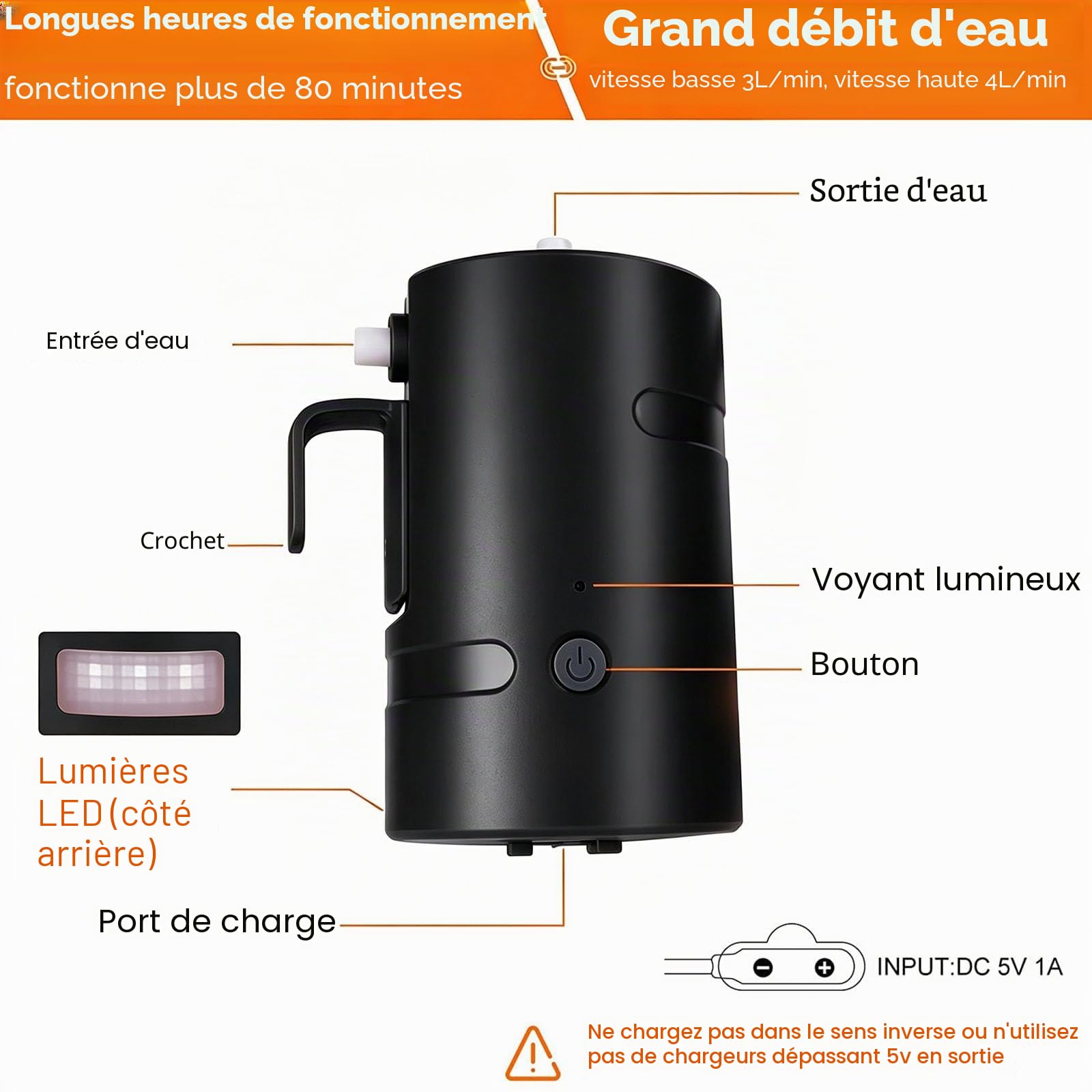 Douche d'extérieur portable, 2 modes de débit, pompe de douche alimentée par batterie de 4400 mAh pour randonnée/randonnée, voyage, plage, animal de compagnie, floraison, étanche IPX7 et rechargeable
