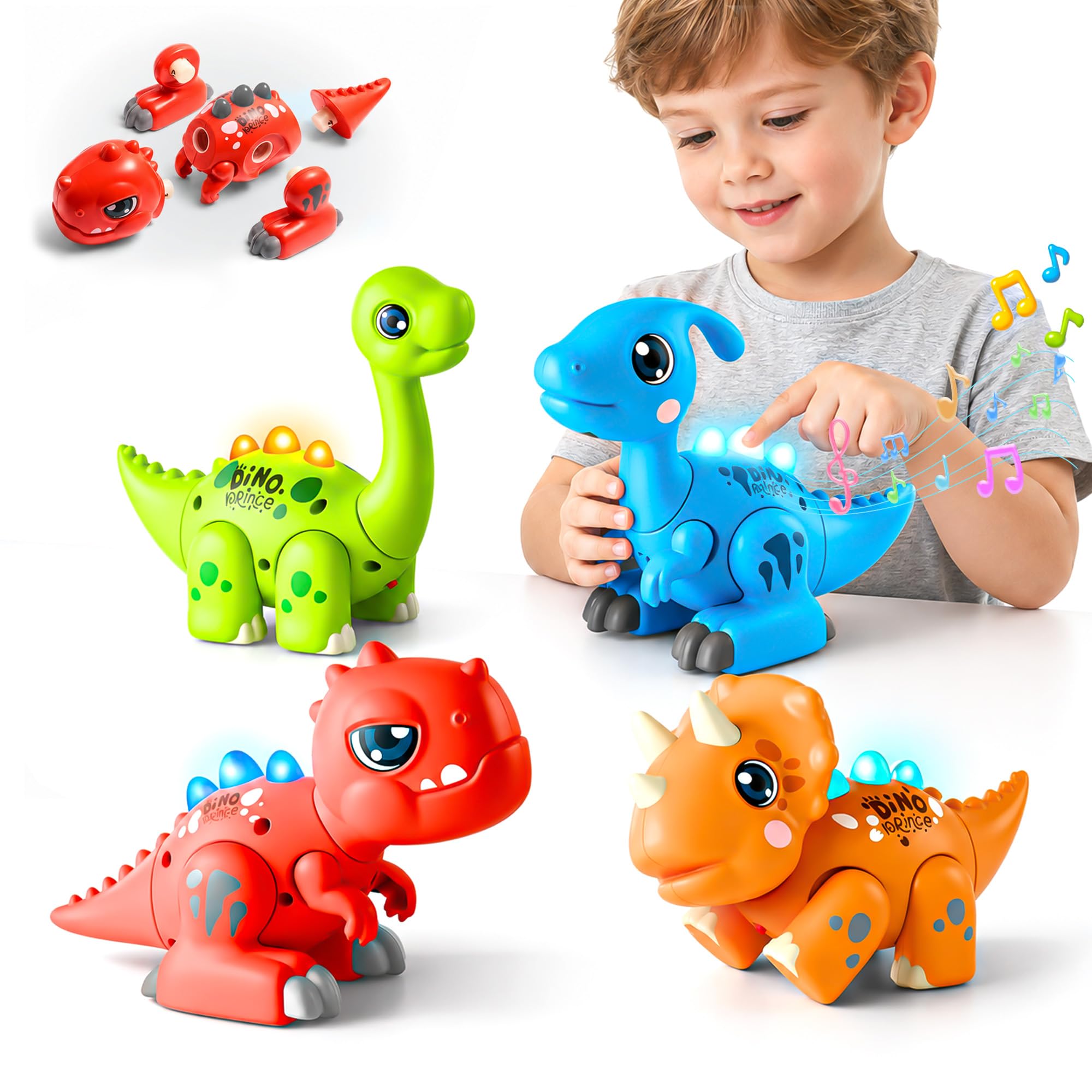 Take Apart Dinosaur Toddler Toys, 4Pcs STEM Learning Toy with Light & Sound