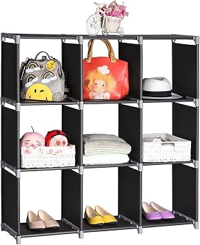 9 Cube Stackable Portable Modular Bookshelf,Non-Woven Fabric Storage Bookcase,Modular Closet Cabinet Bookcase,DIY Cube Storage Organizer Rack,with Feet,for Living Room Bedroom Office Entryway Black