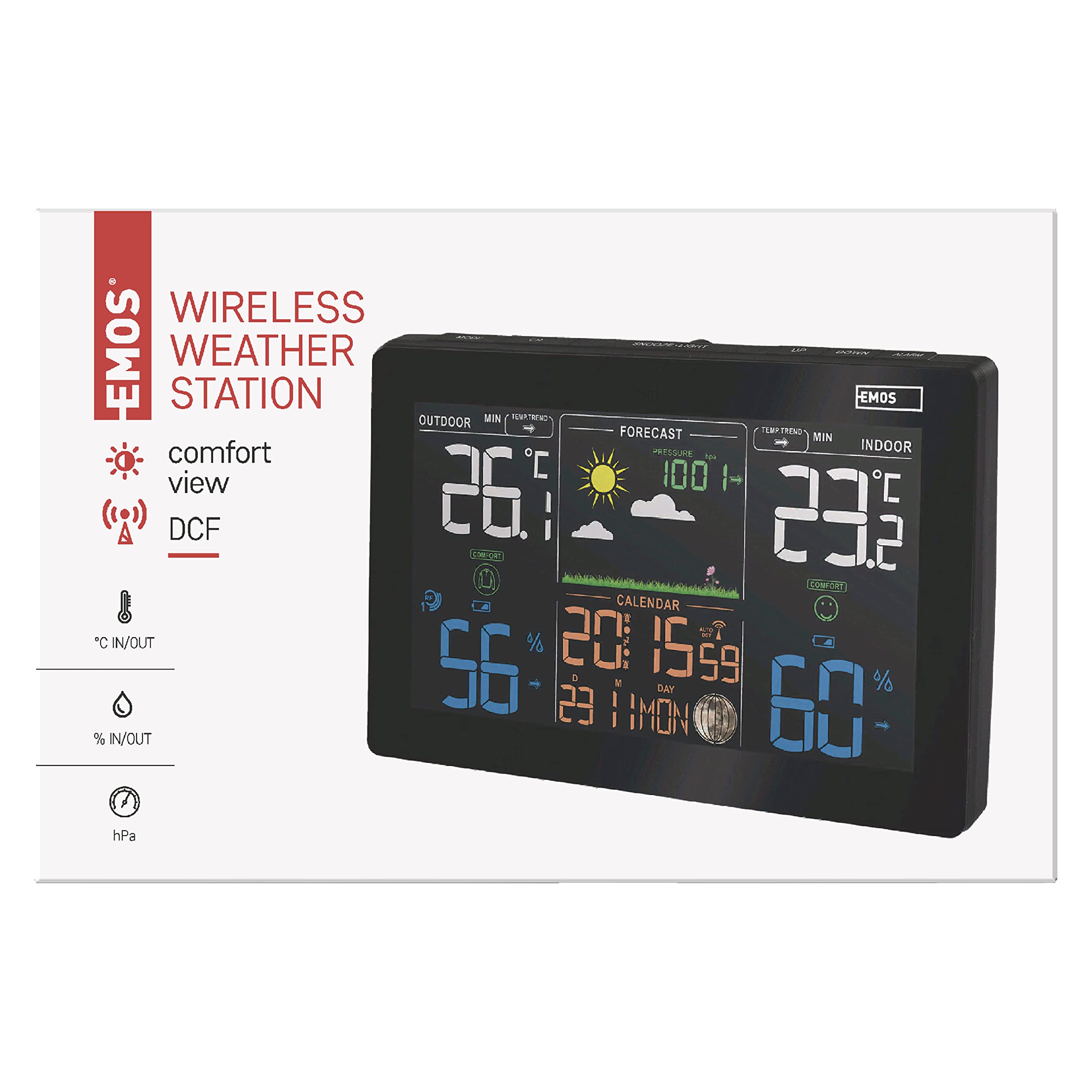 EMOS E5111 Stazione meteo radio per temperatura interna ed esterna con sensore esterno, display a colori, previsioni meteo, orologio radio, barometro, tendenza di pressione e temperatura, calendario,
