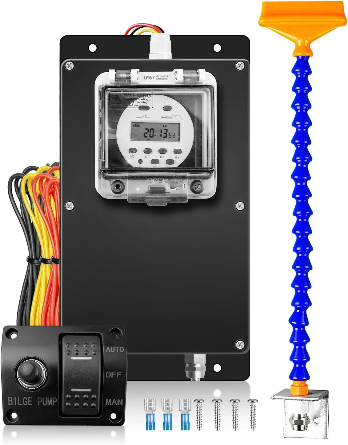 IP67 Waterproof Dry Bilge Pump System, Bilge Pump Timer Switch & Auto/Manual Control Switch, 360°Adjustable Angle Chain & Flat Port Drain for Fishing Boats with Water Storage