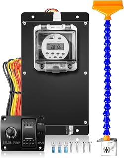 IP67 Waterproof Dry Bilge Pump System, Bilge Pump Timer Switch & Auto/Manual Control Switch, 360°Adjustable Angle Chain & Flat Port Drain for Fishing Boats with Water Storage