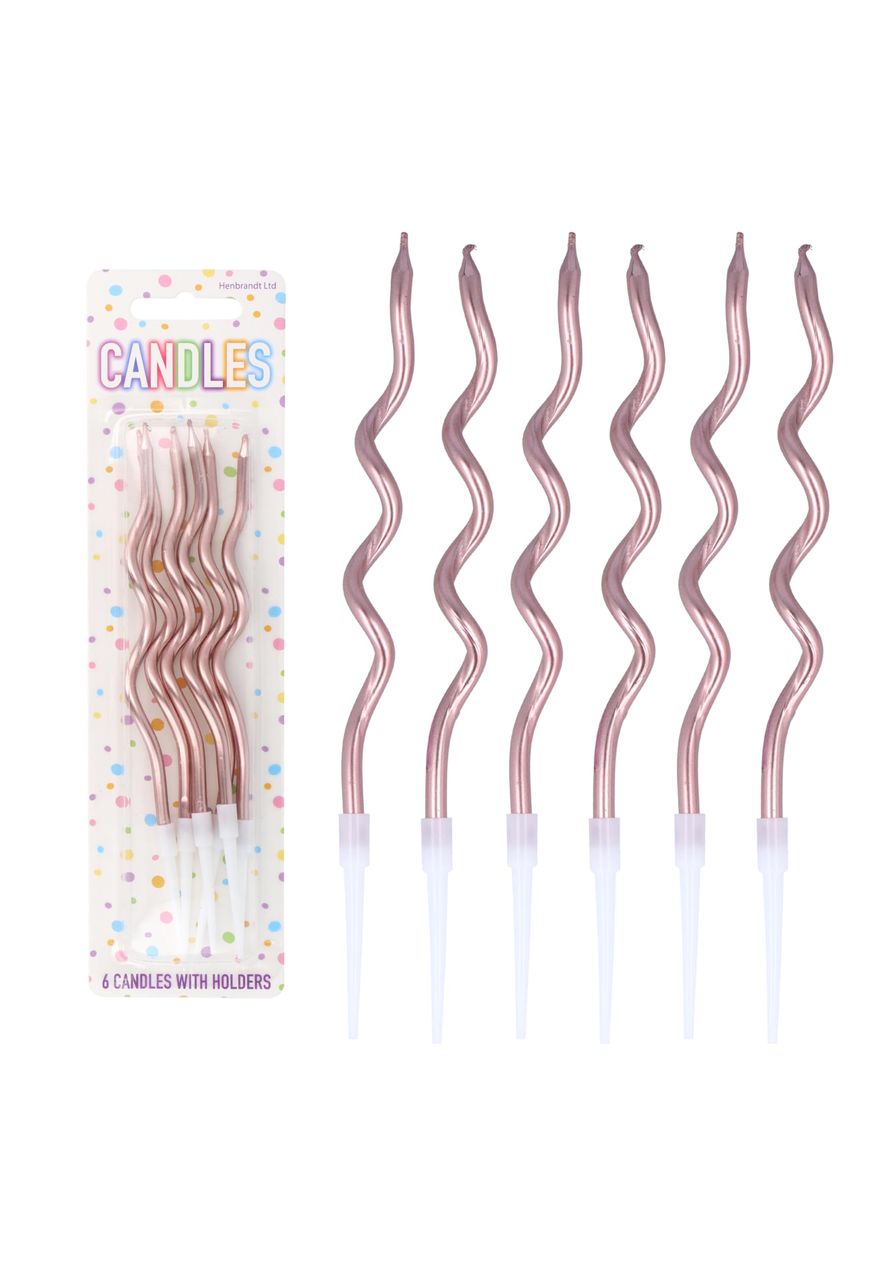 Henbrandt Pack of 6 Rose Gold Wavy Party Candles with Candle Holders, Rose Gold 12cm Spiral Twist Tall Thin Celebration Candles for Birthday Cakes Baby Shower and Anniversary Decorations
