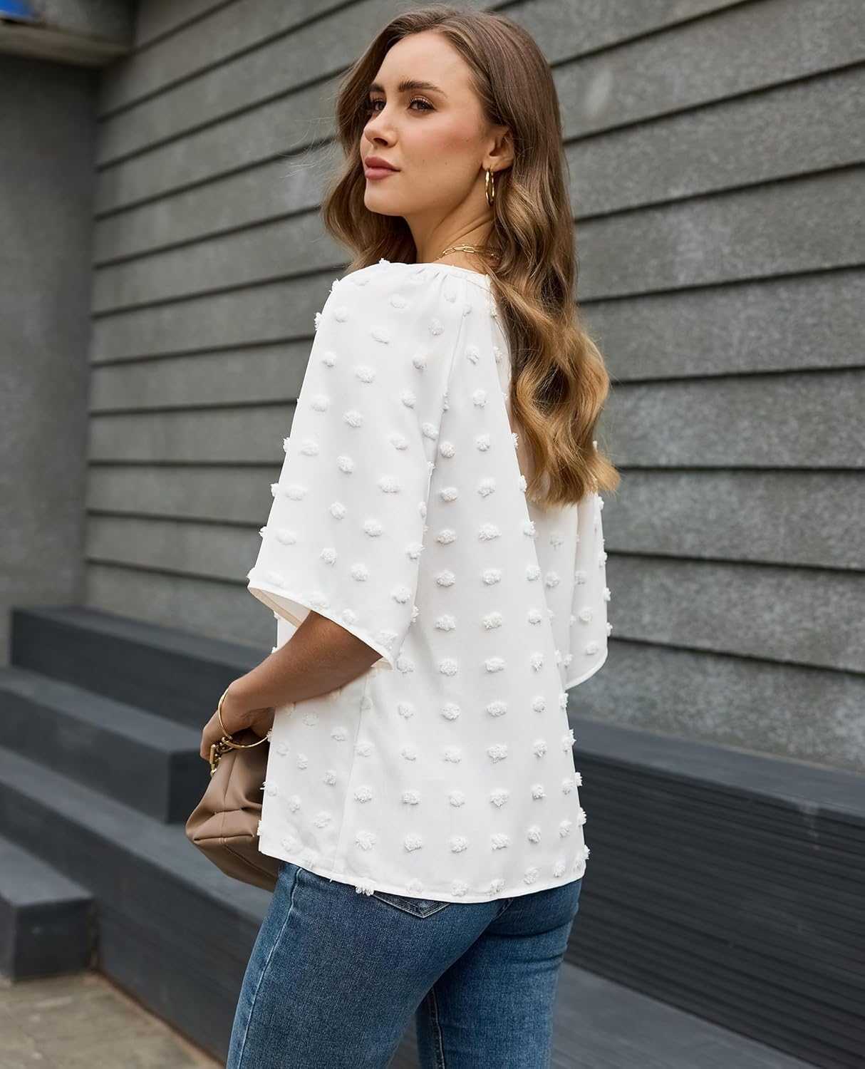 siliteelon Womens Blouses Dressy Casual V Neck Ruffle Sleeve Flowy Chiffon Tops Swiss Dot Cute Summer Business Shirts - Image 5